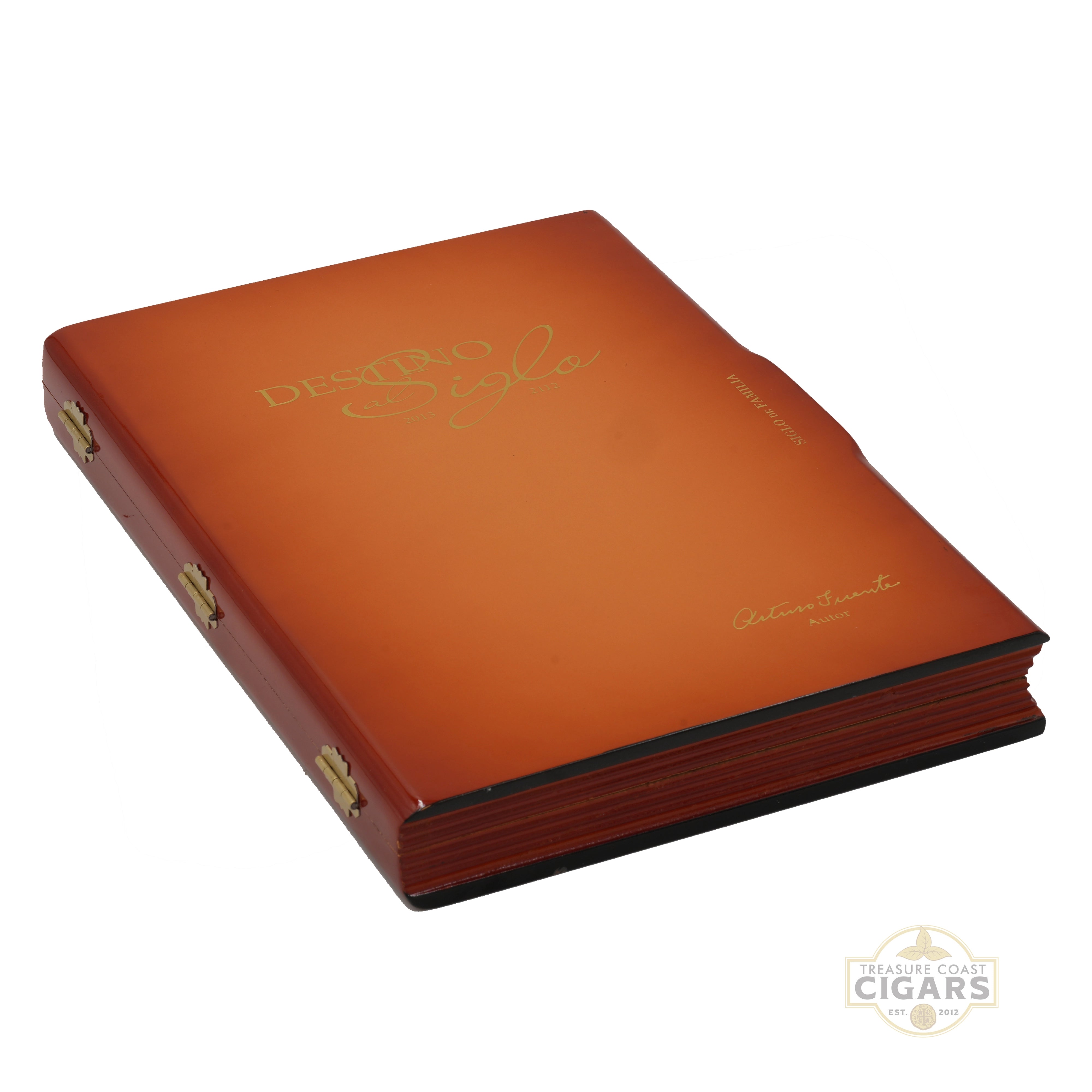 A brown brown book style cigar box with gold foil 'Destino' lettering on the cover, shown at an angle on a white background with a 'Treasure Coast Cigars' watermark in the lower right corner.