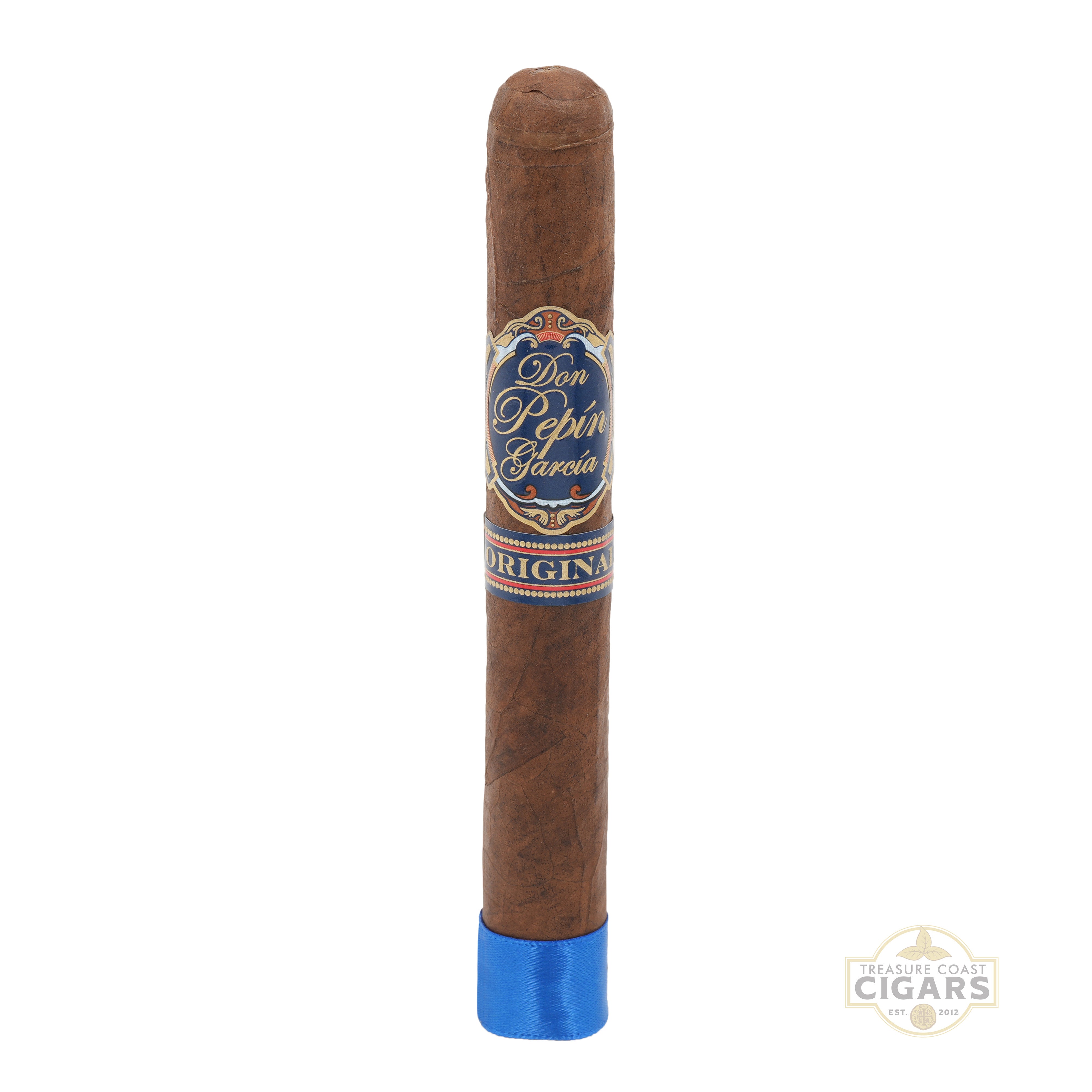 Cigar with a blue ribbon on the foot and Don Pepin Garcia label on a white background
