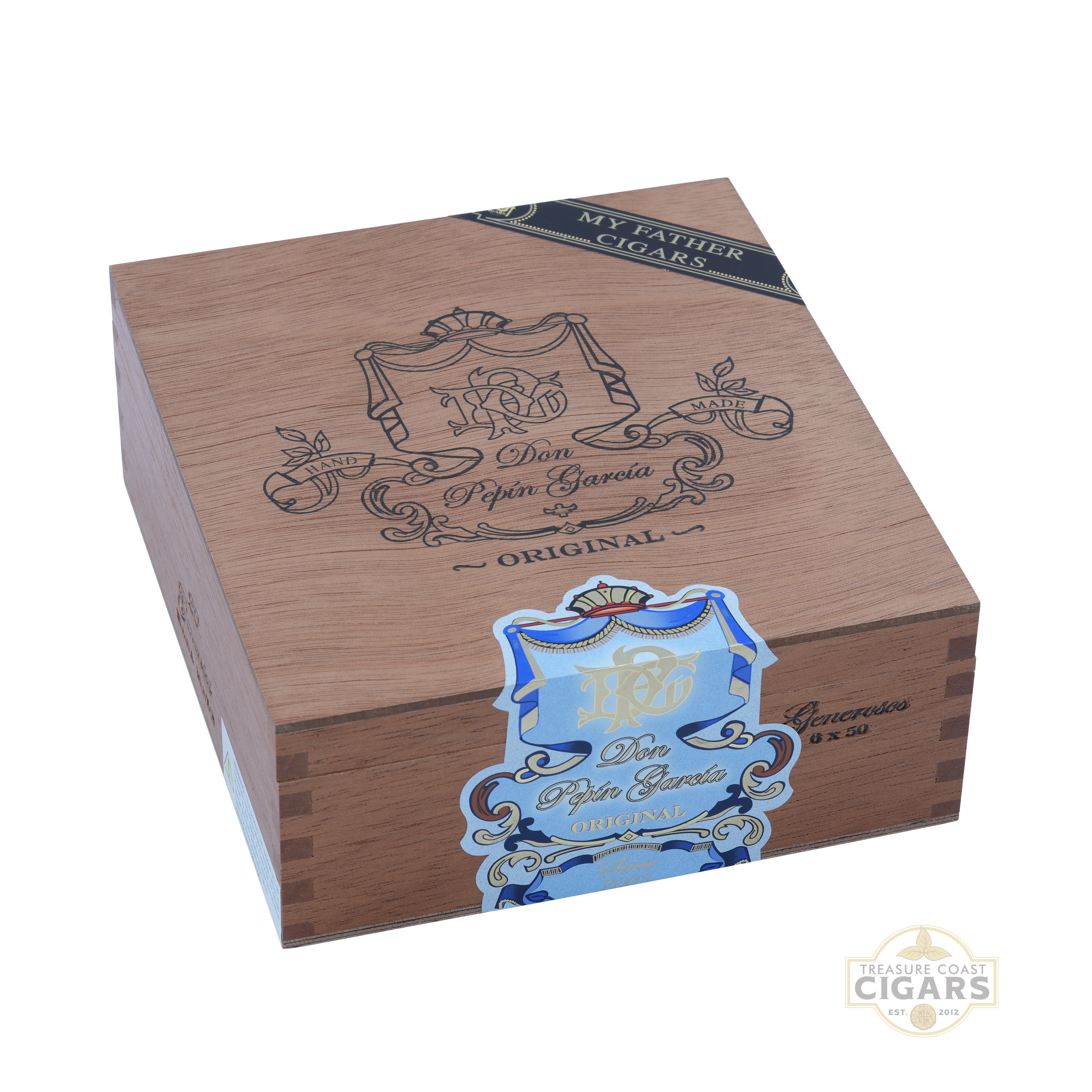 Wooden cigar box with decorative Don Pepin Garcia branding on a white background