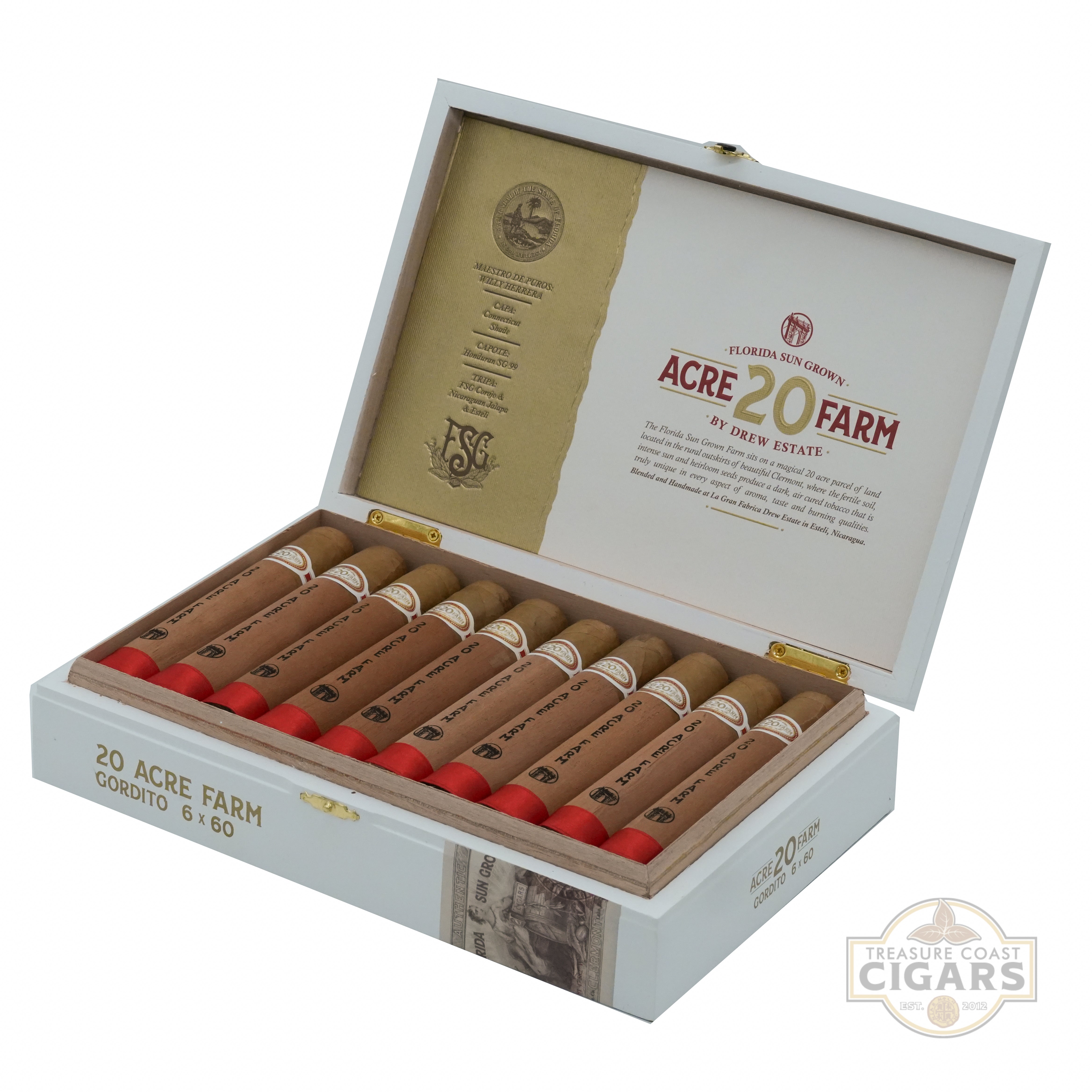 Open box of Acre 20 Farm cigars with cigars inside on a white background