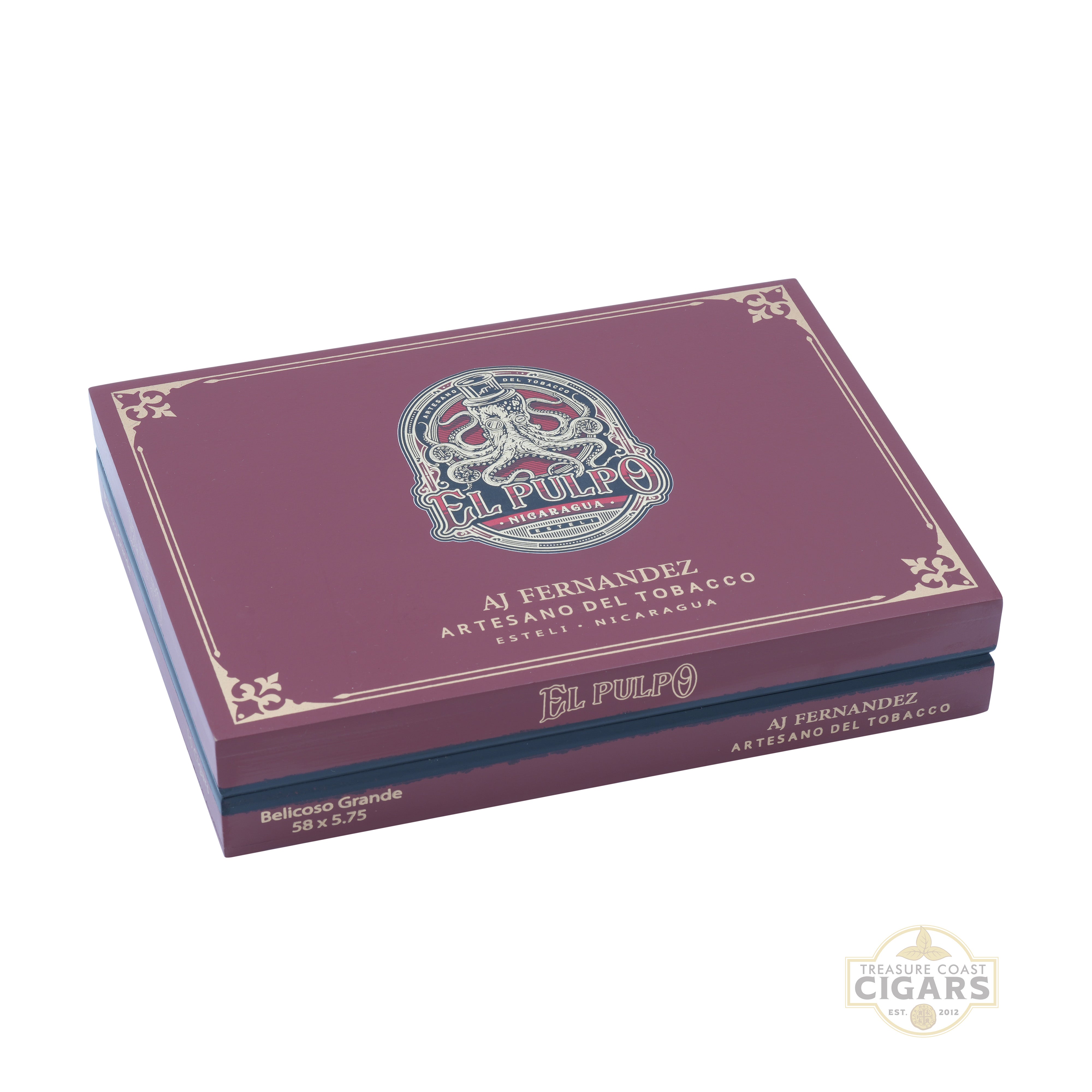 Maroon box of El Pulpo cigars with brand logo on a white background