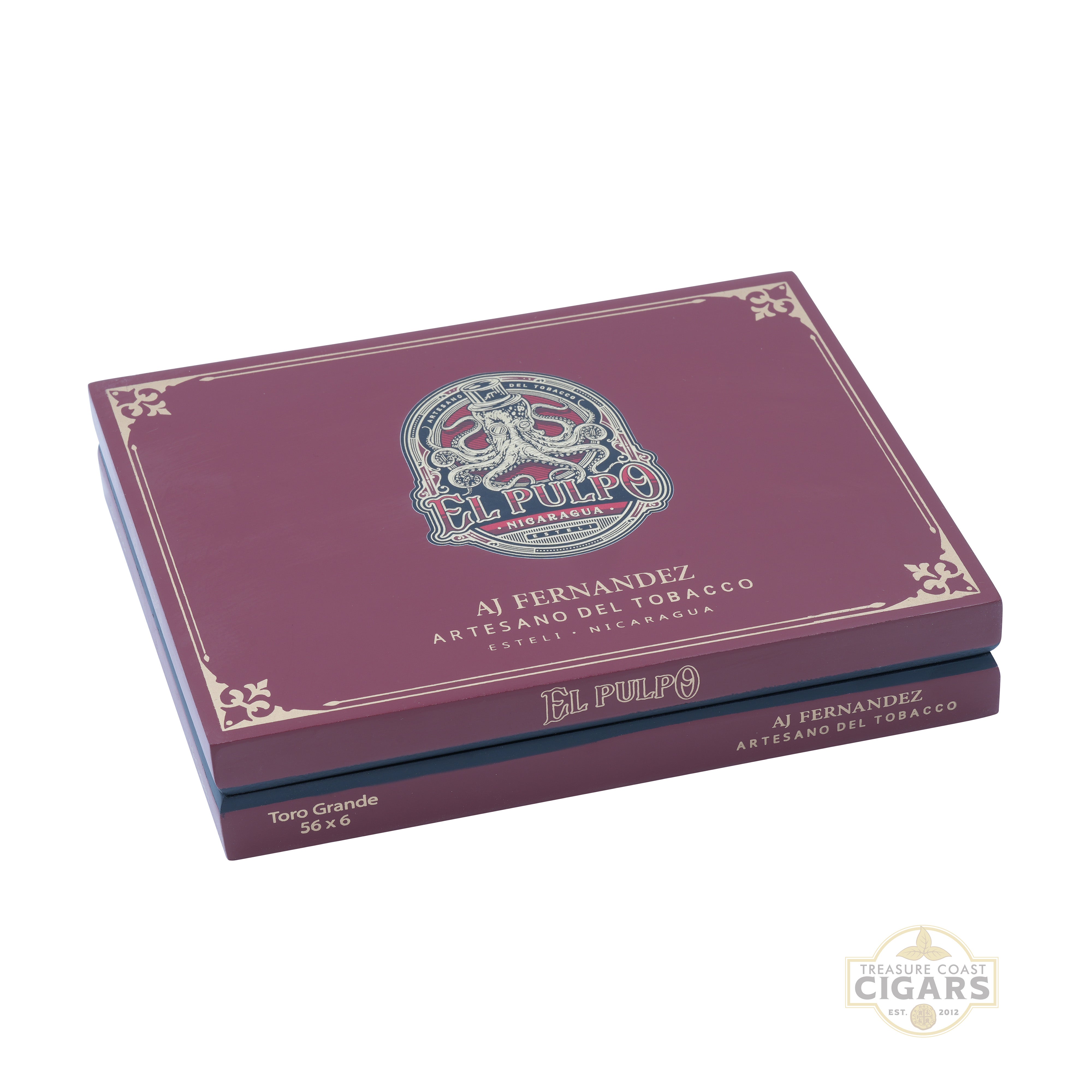 Maroon cigar box with 'El Pulpo' branding on a white background