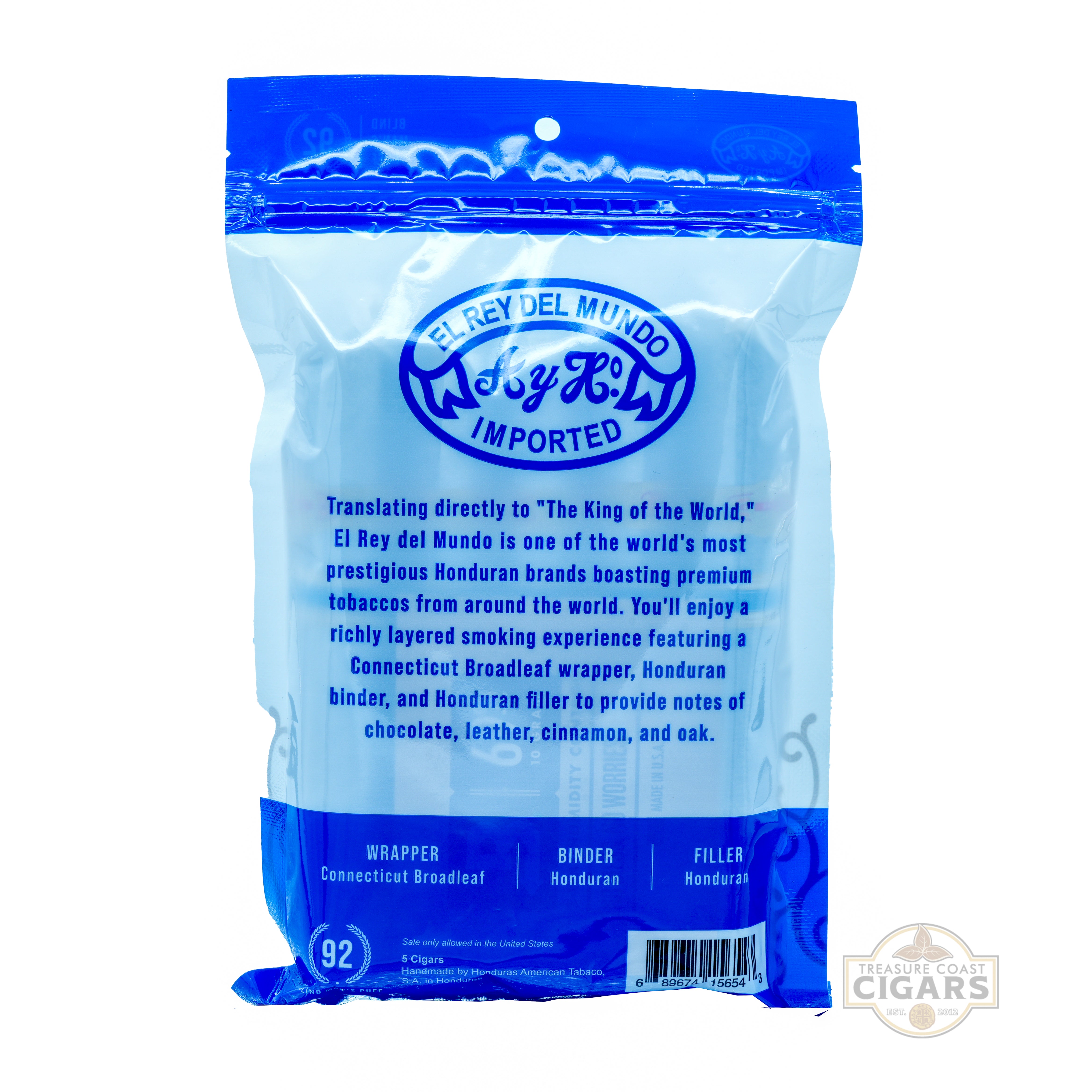 Blue packaging of El Rey del Mundo cigars with text and branding on a white background