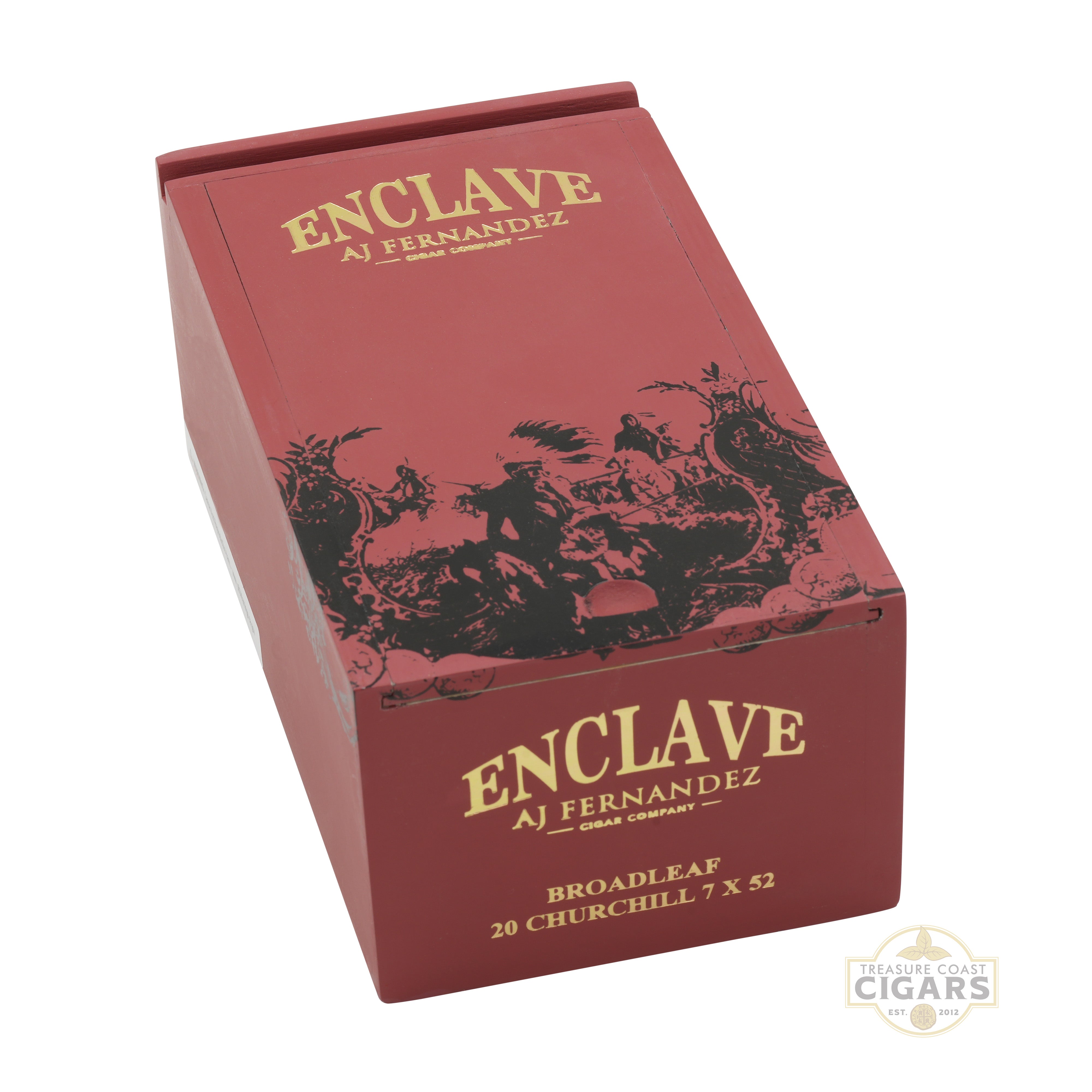 Red box of Enclave AJ Fernandez cigars with logo design on a white background