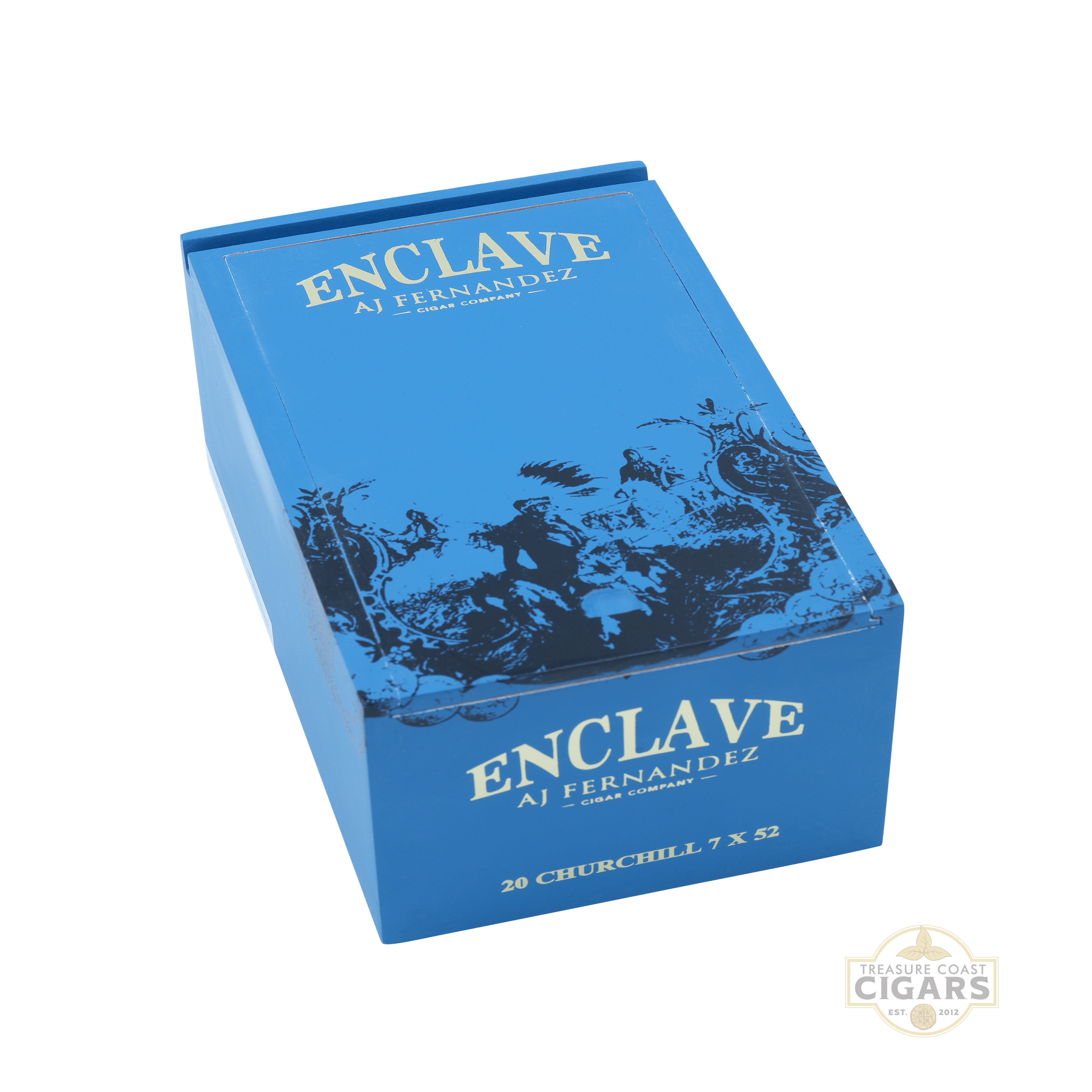 Blue box of Enclave AJ Fernandez cigars on a white background