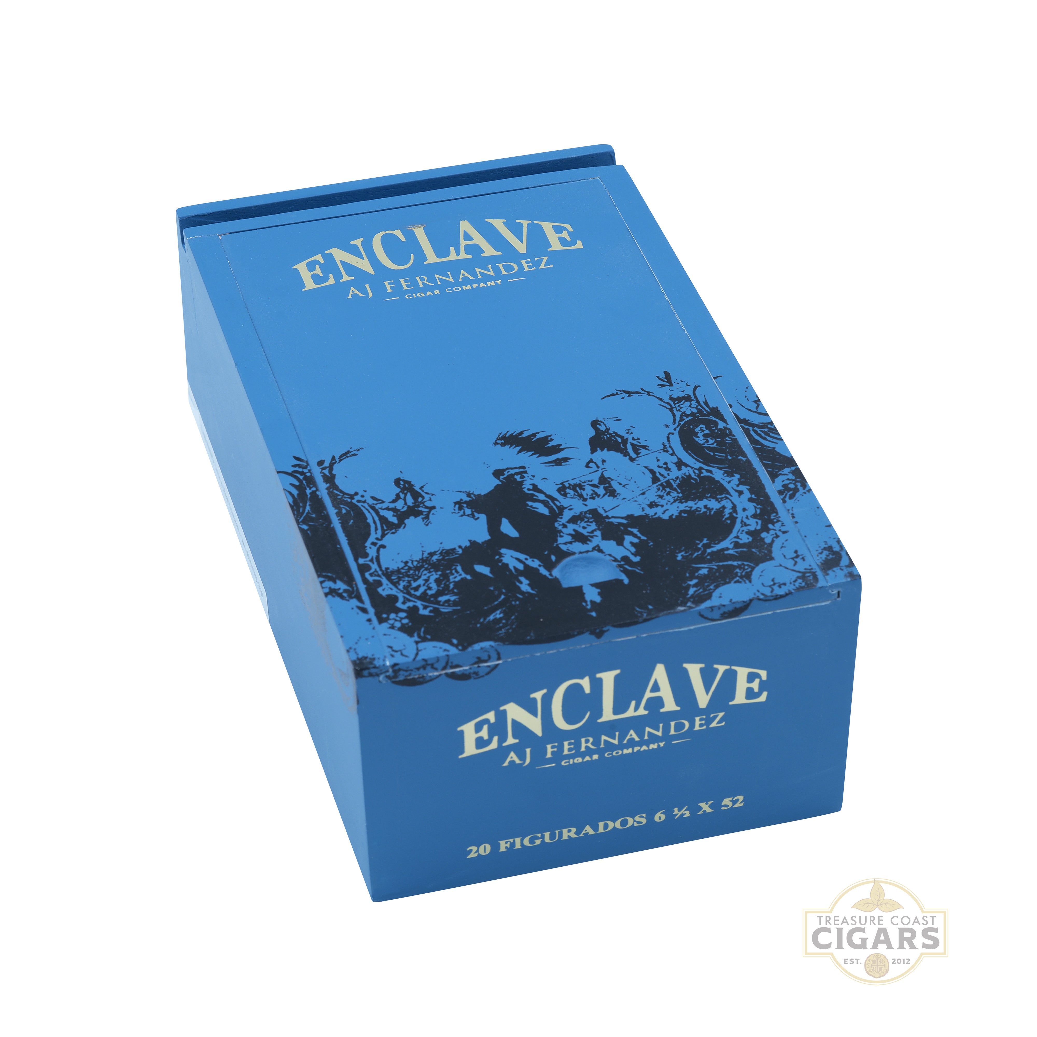 Blue box of Enclave AJ Fernandez cigars on a white background