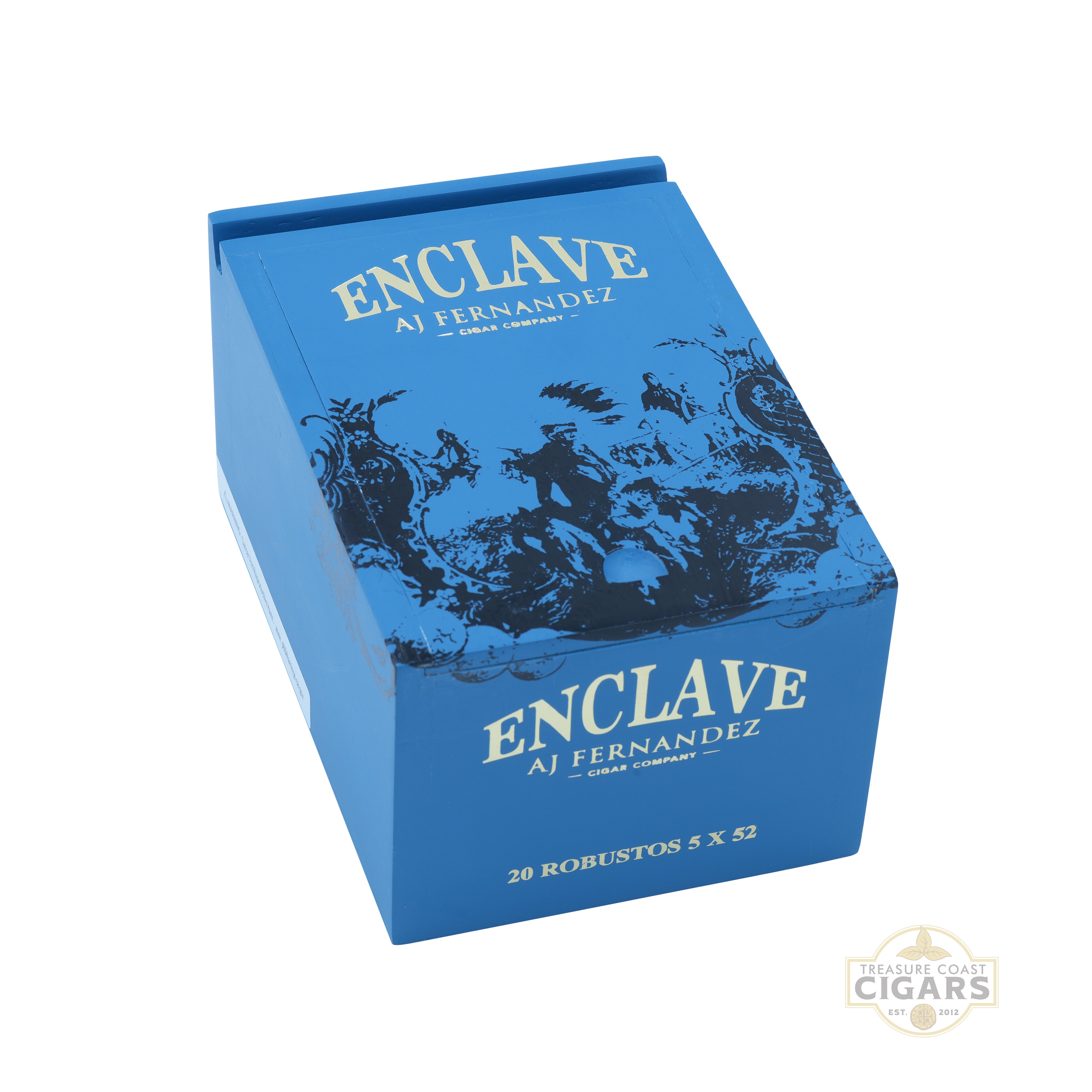 Blue box of Enclave AJ Fernandez cigars on a white background