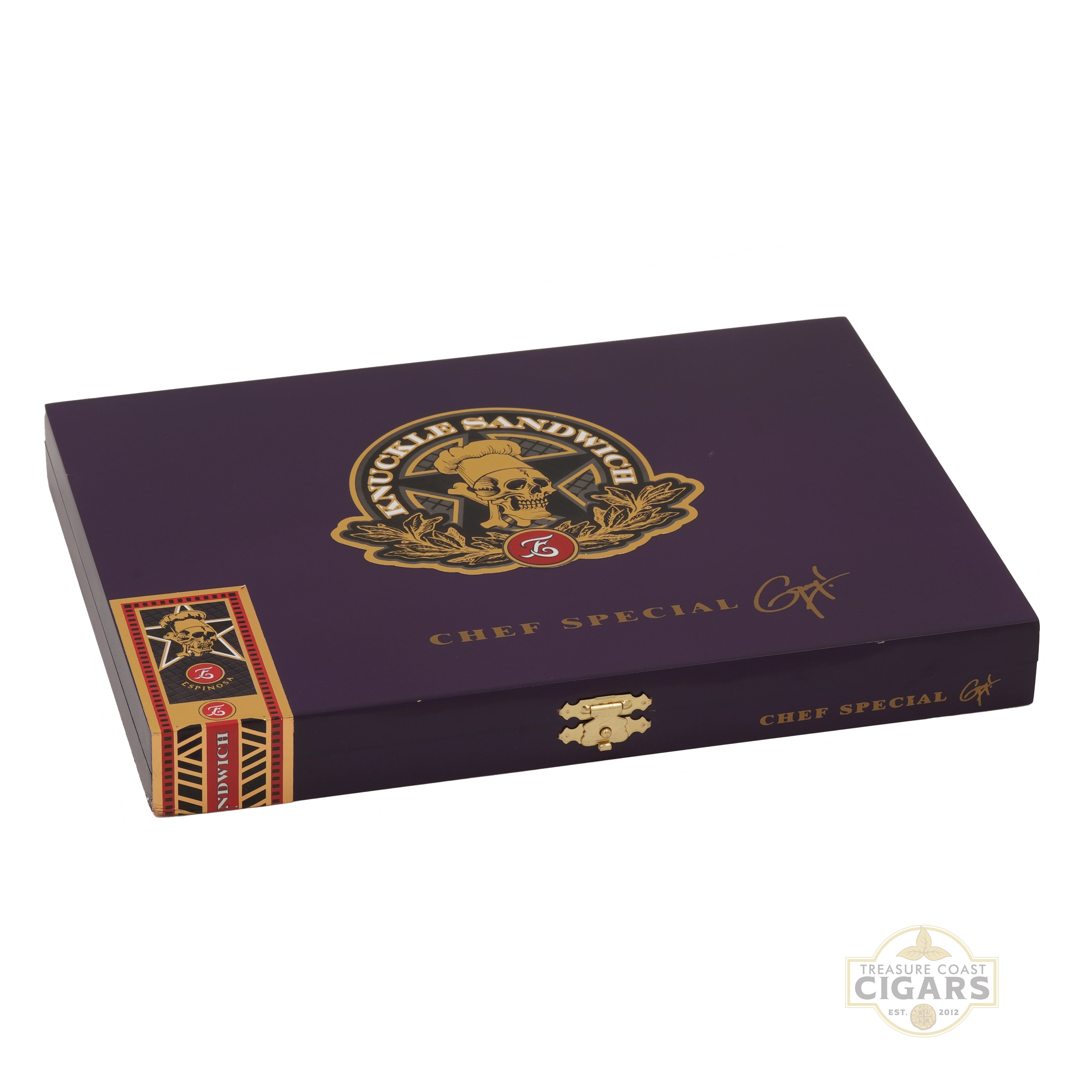 Knuckle Sandwich Purple cigar box with gold logo and text on a white background
