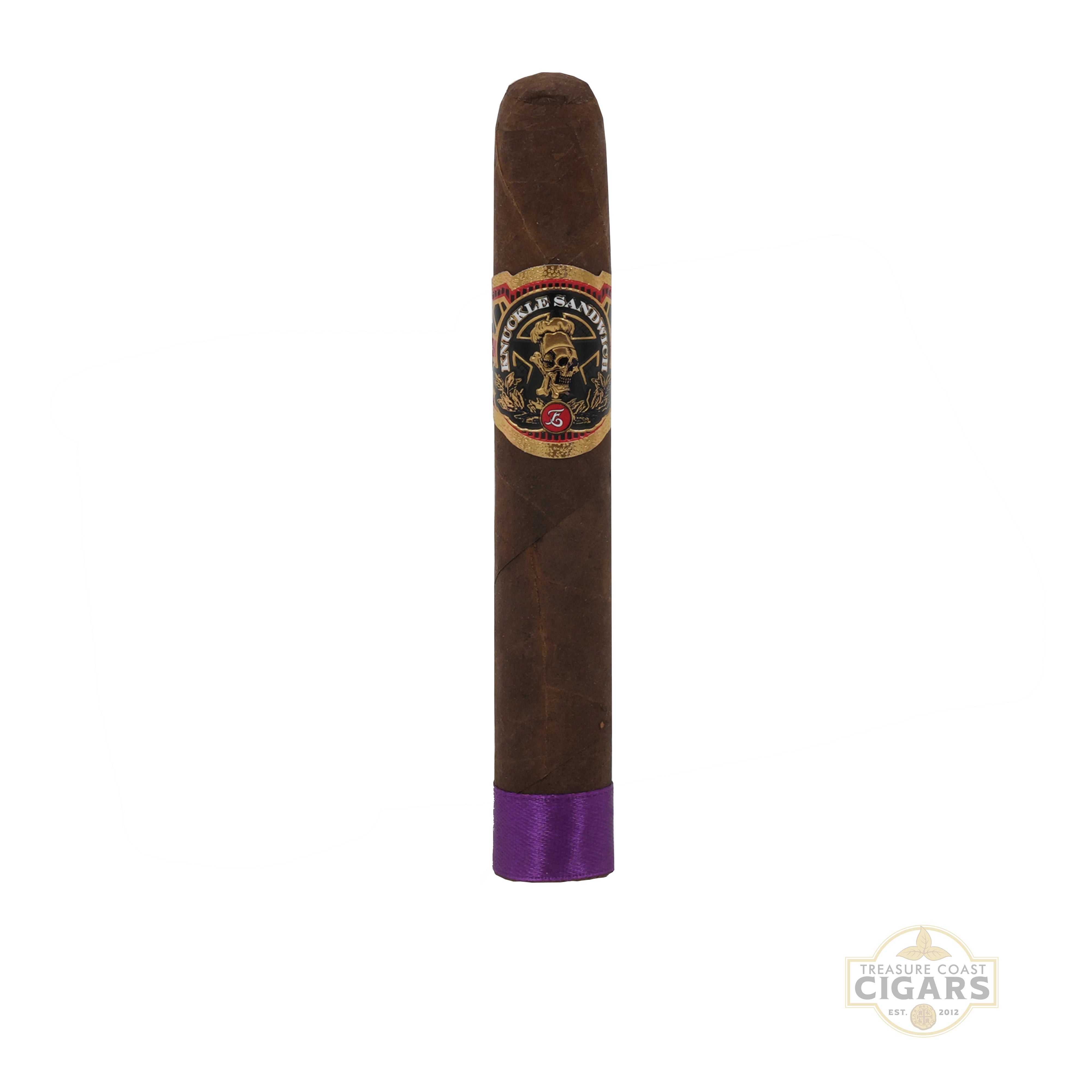 Cigar with a purple tip and visible brand label on a white background