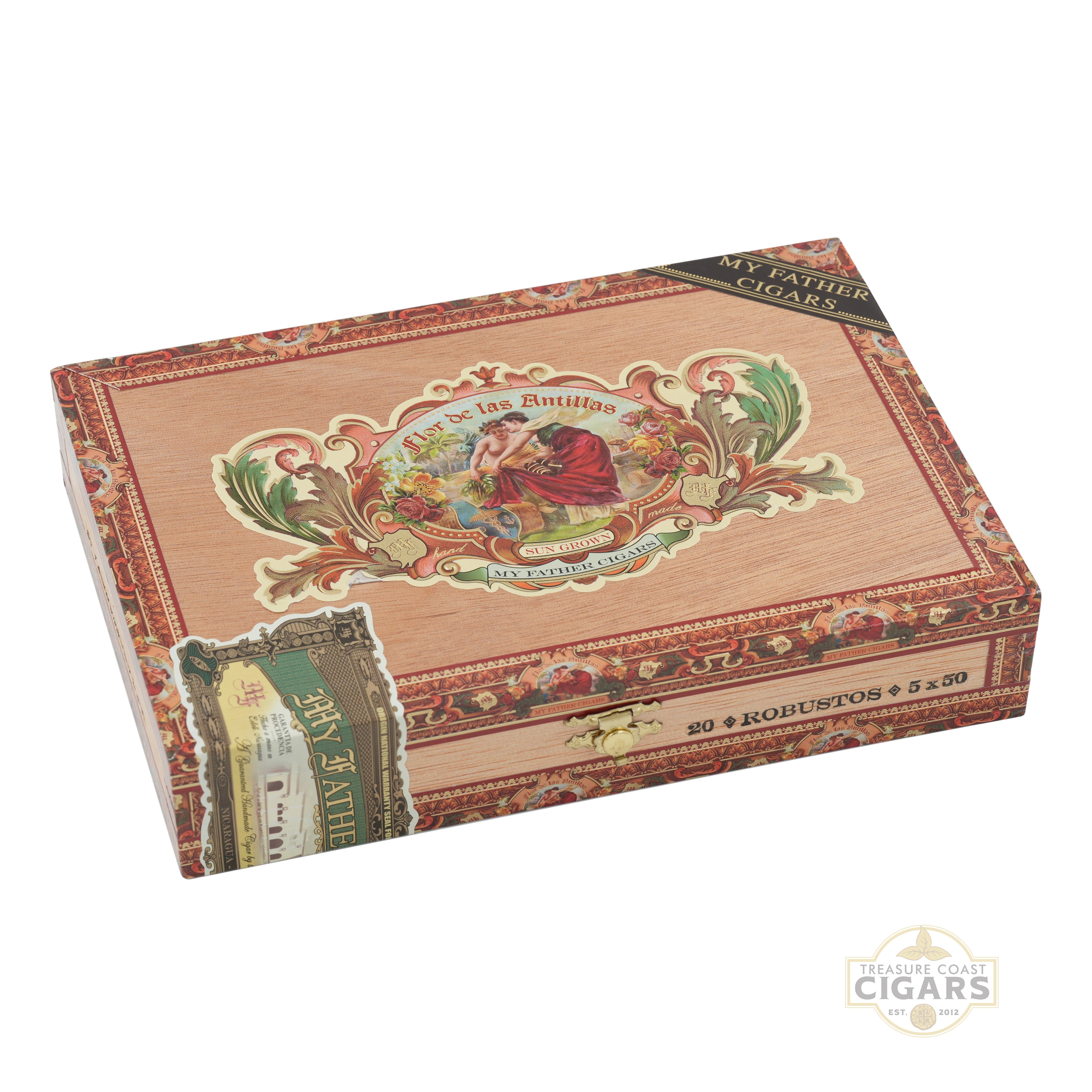 Flor de las Antillas robusto cigar box with decorative design on a white background