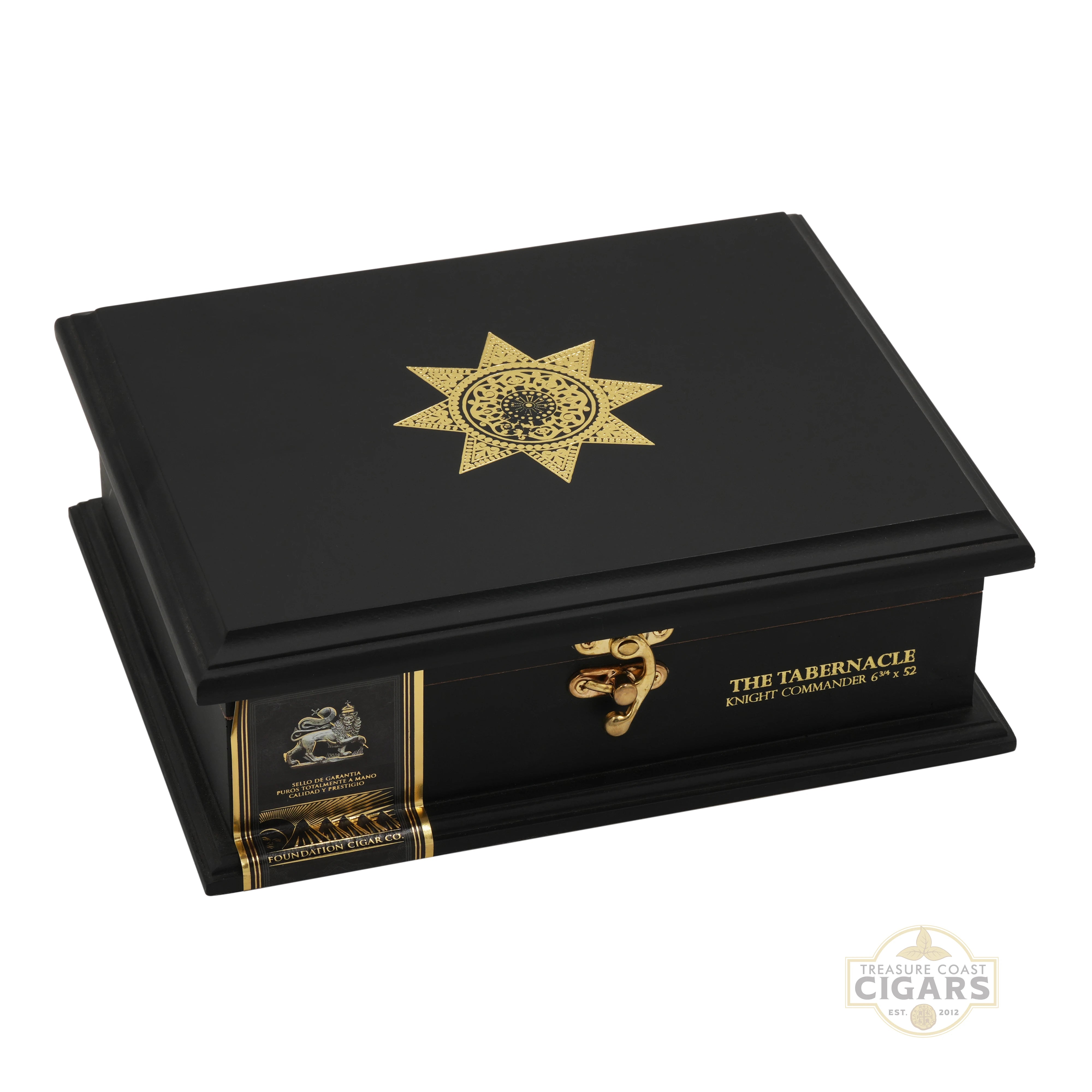 Black cigar box with gold accents and 'The Tabernacle Knight Commander' branding on a white background