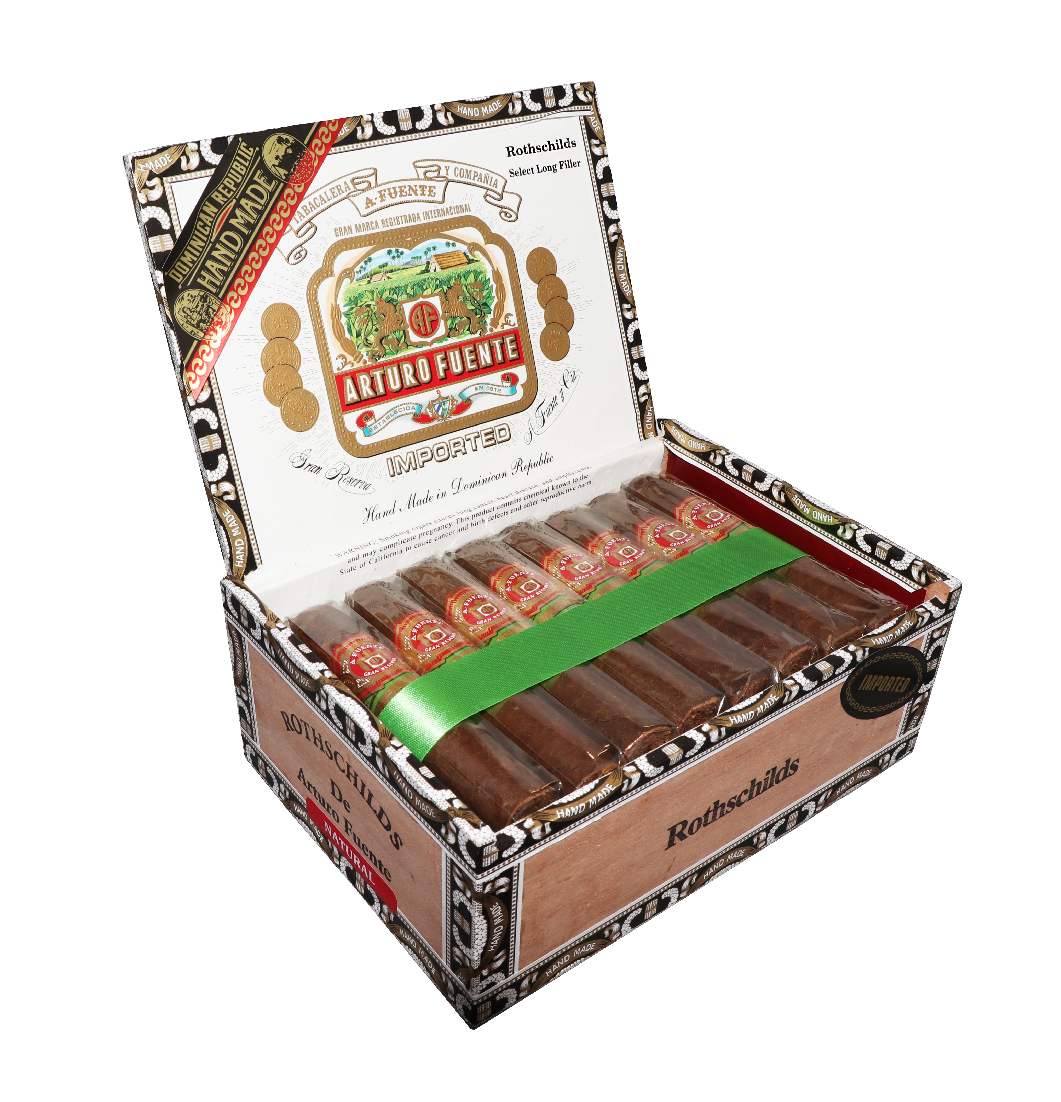 Open box of Arturo Fuente cigars with visible cigars inside on a white background