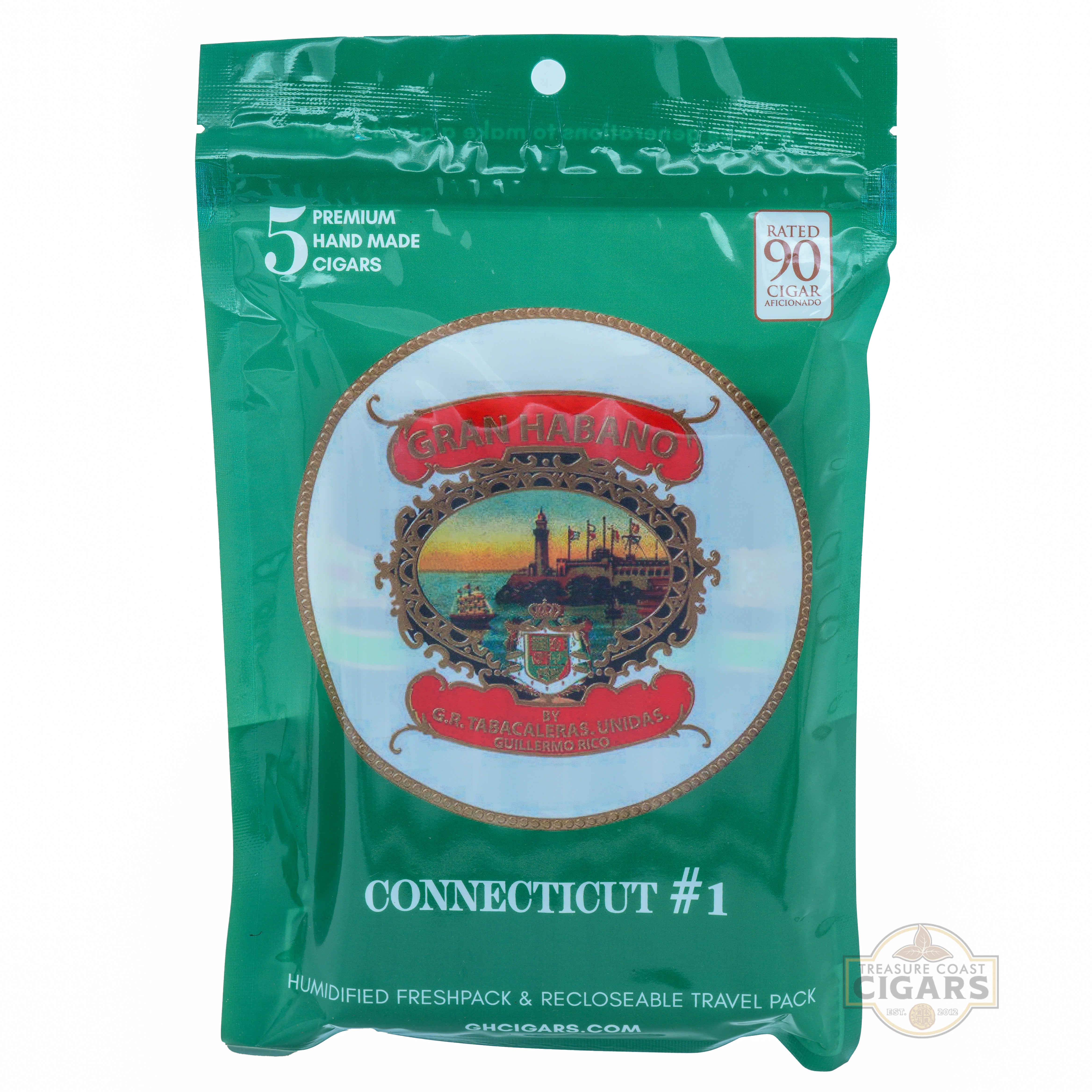 Green packaging of Connecticut #1 cigars with a colorful label on a white background