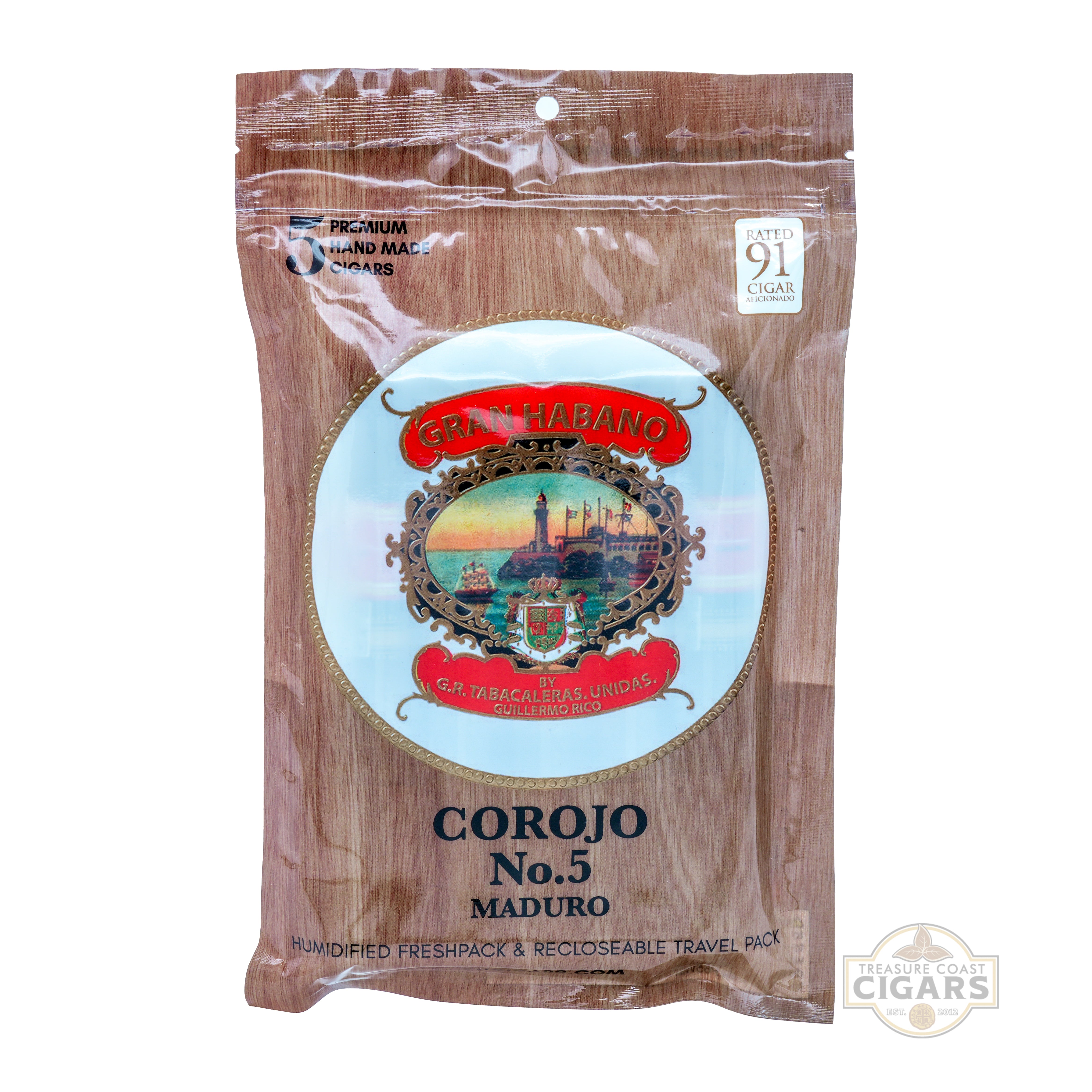 Packaged corojo no. 5 maduro cigars with a decorative label on a white background