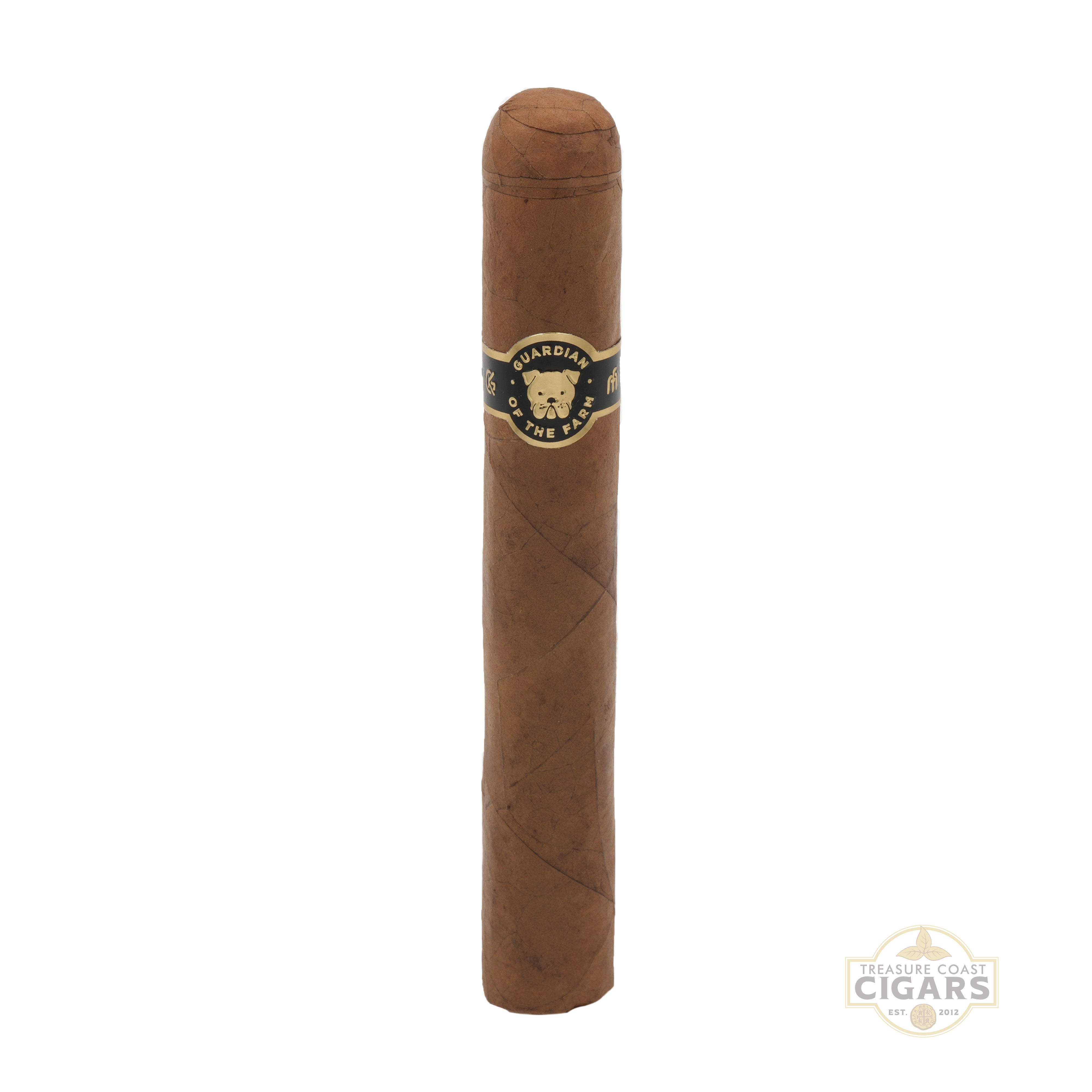 Cigar with a brand label on a white background