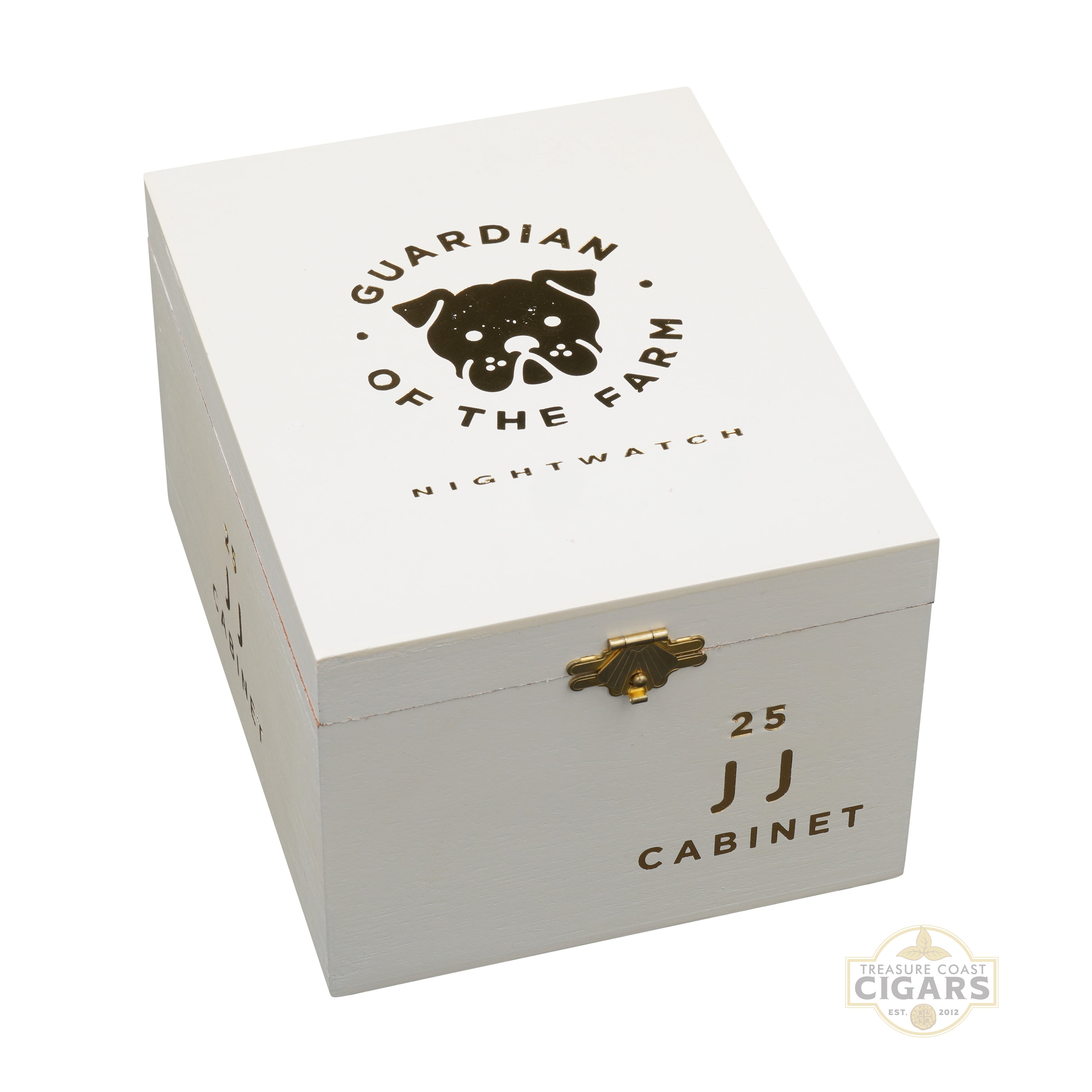 White wooden box with 'Guardian of the Farm Nightwatch' logo and 'JJ Cabinet' text on a white background