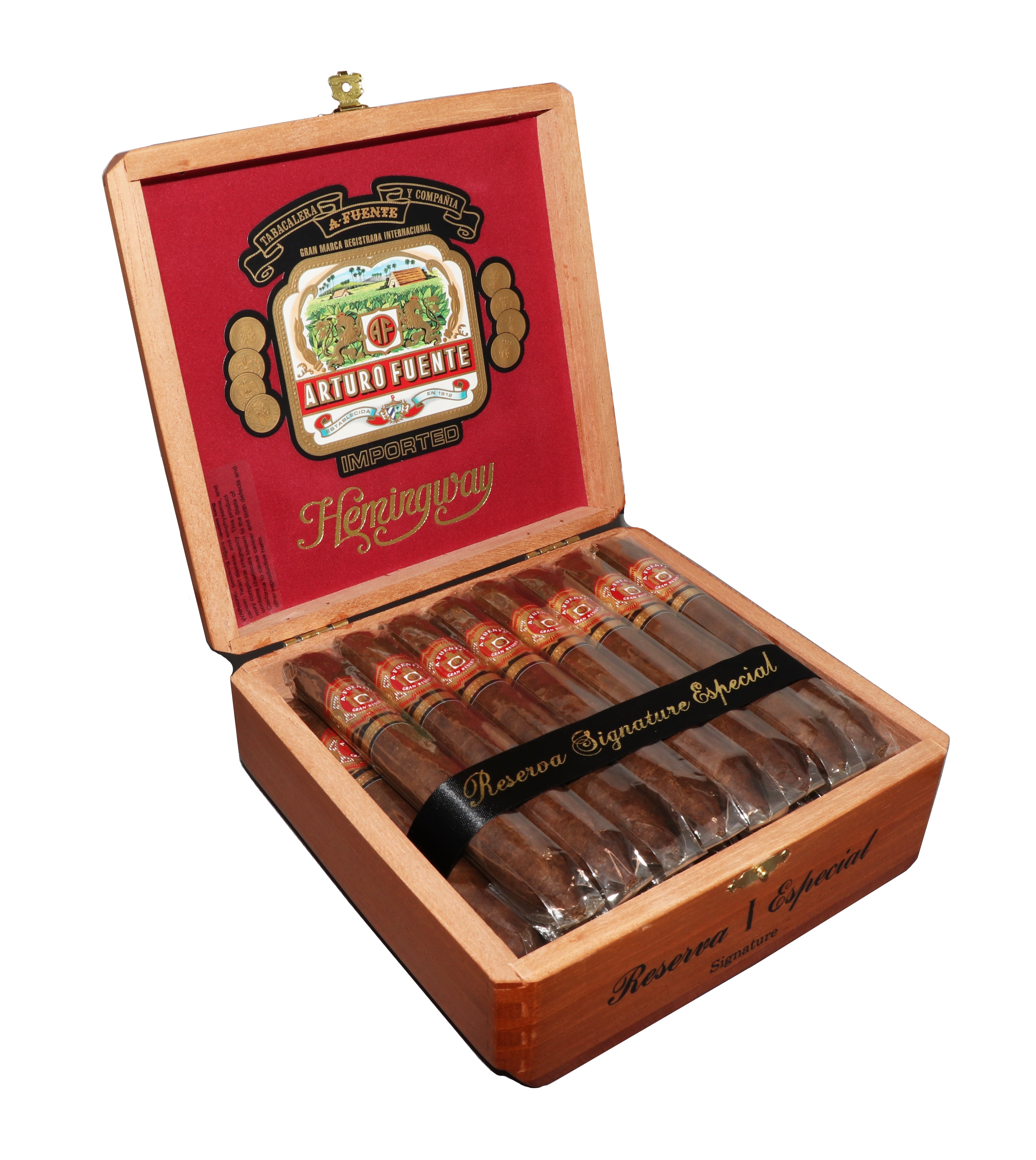 Open wooden cigar box displaying Arturo Fuente Hemingway "Reserva Signature Especial" cigars, neatly arranged in two rows and wrapped in cellophane, with a red velvet-lined lid featuring the Arturo Fuente logo and gold "Hemingway" text.