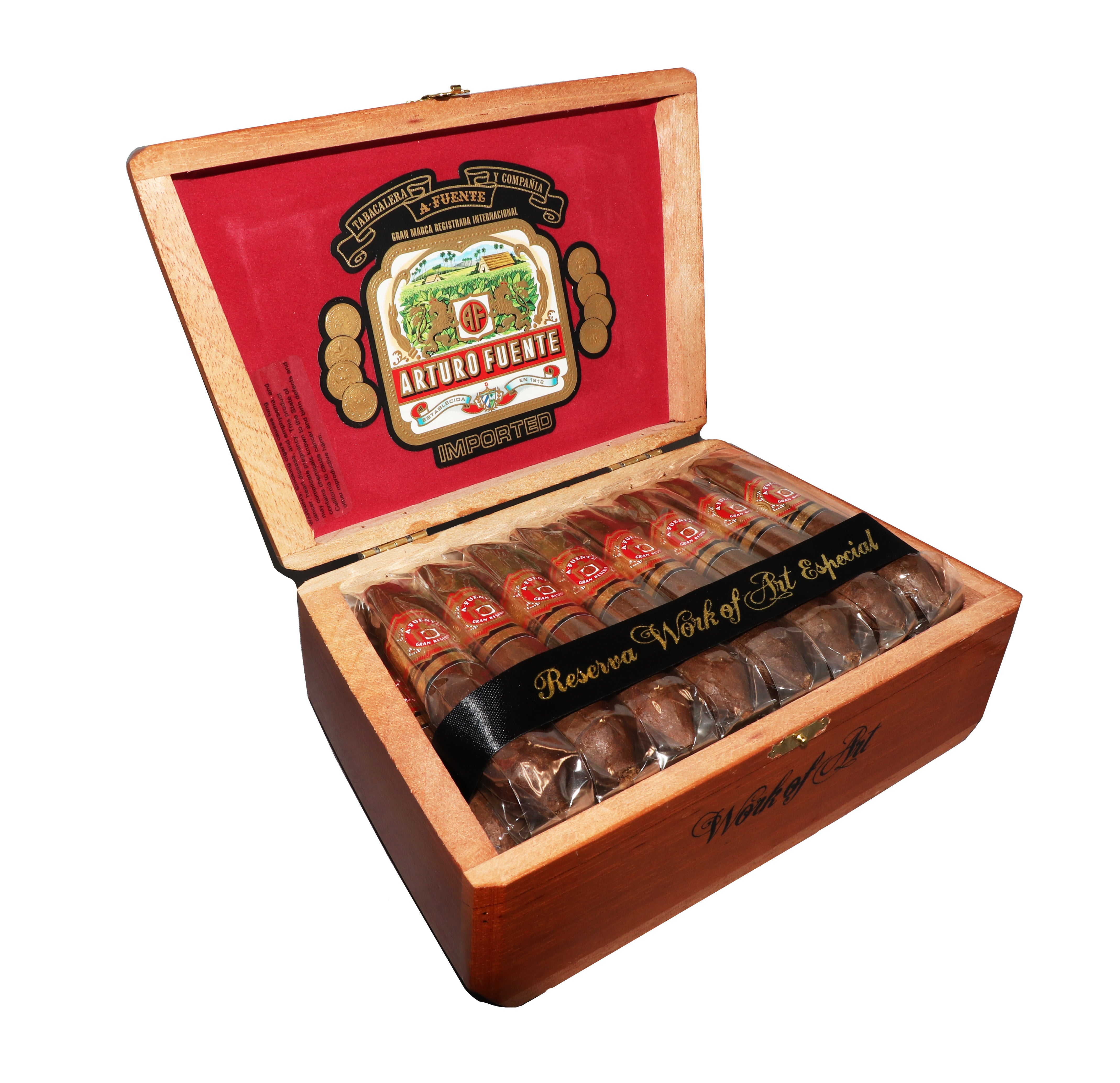 Open wooden cigar box displaying Arturo Fuente Hemingway "Reserva Work of Art Especial" cigars, neatly arranged in two rows and wrapped in cellophane, with a red and gold interior lid featuring the Arturo Fuente logo.
