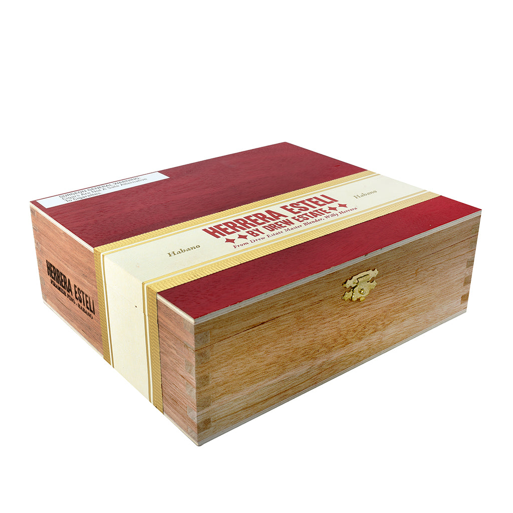 Cigar box with red top and wooden sides on a white background