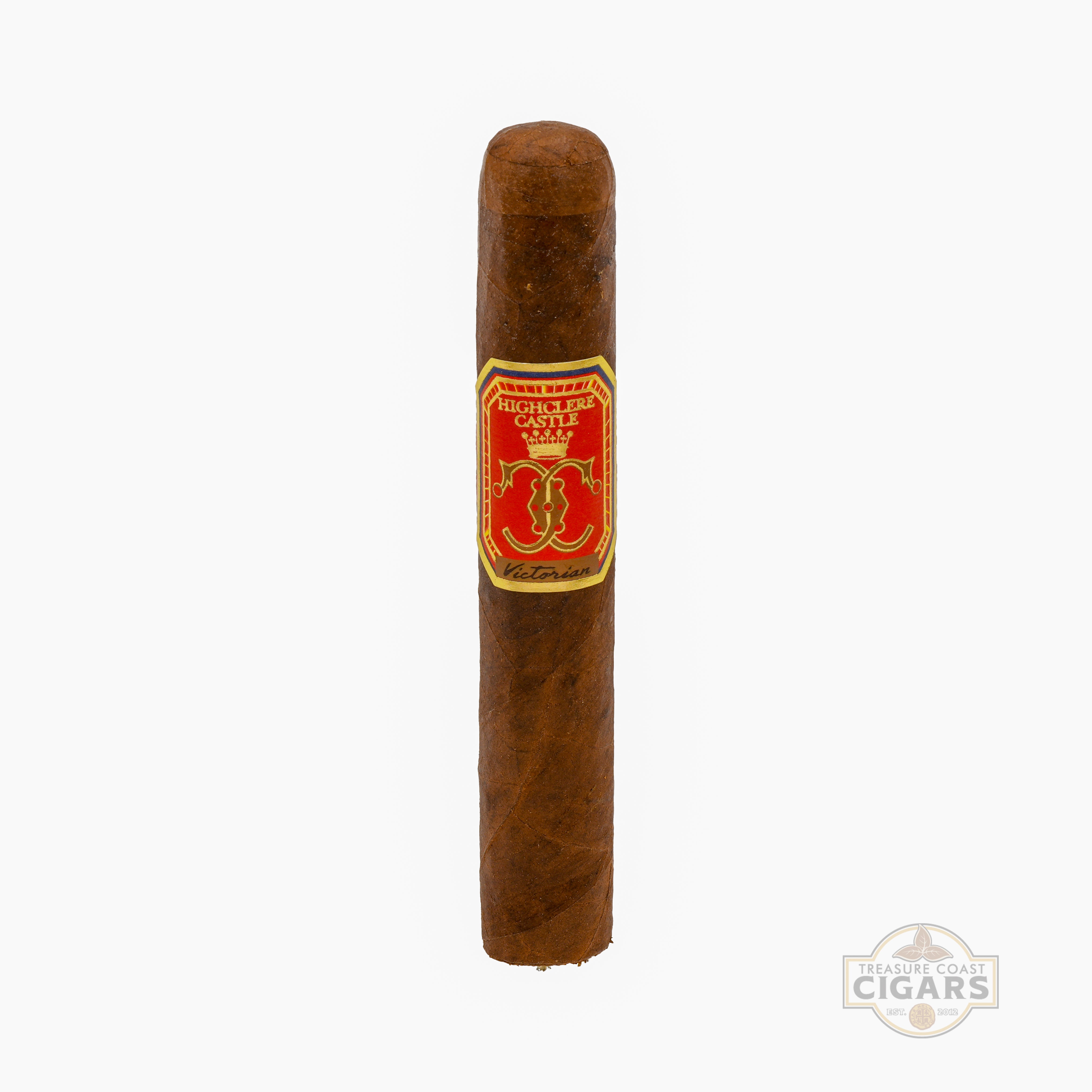 Cigar with a red and gold label on a white background