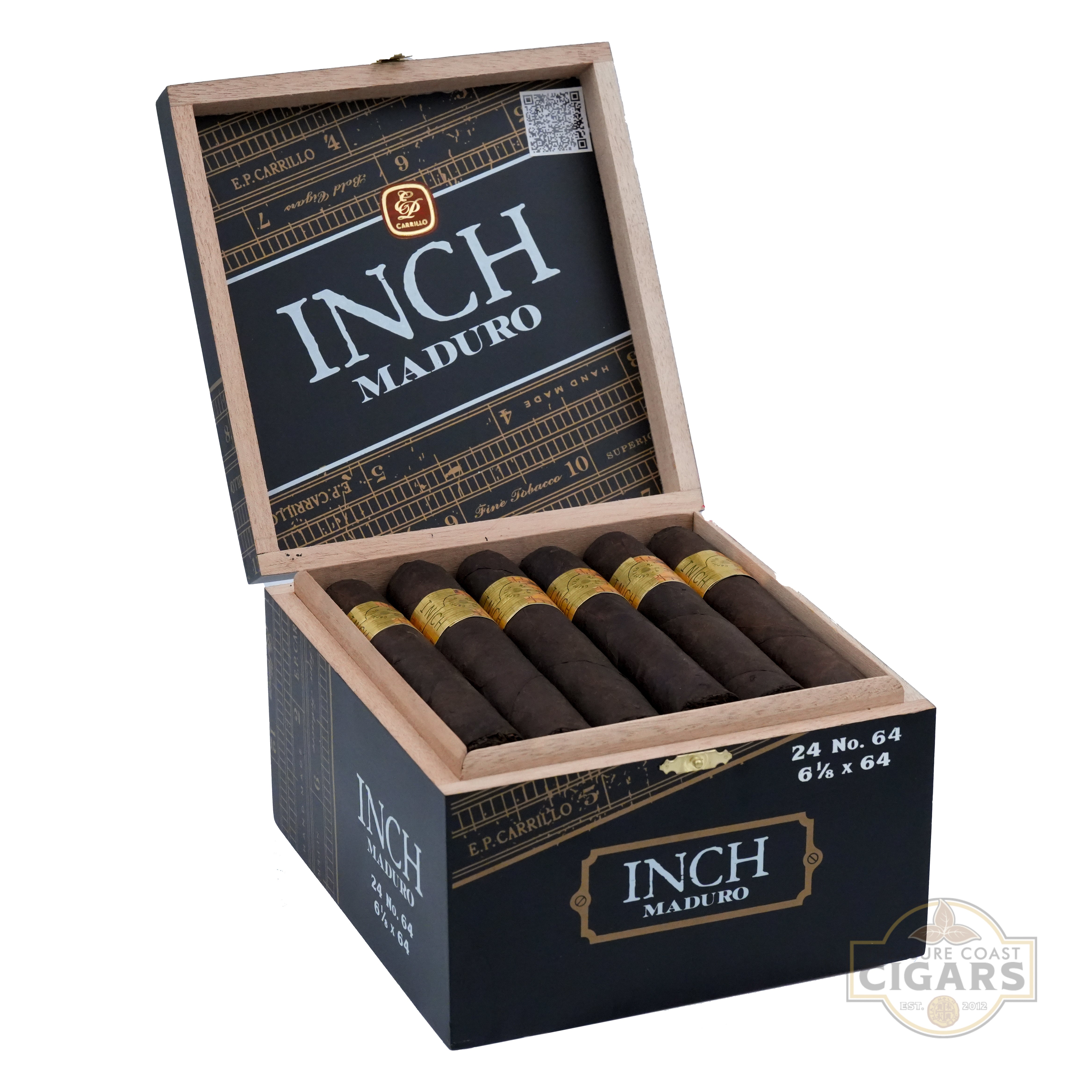 Open box of Inch Maduro cigars with cigars visible inside on a white background