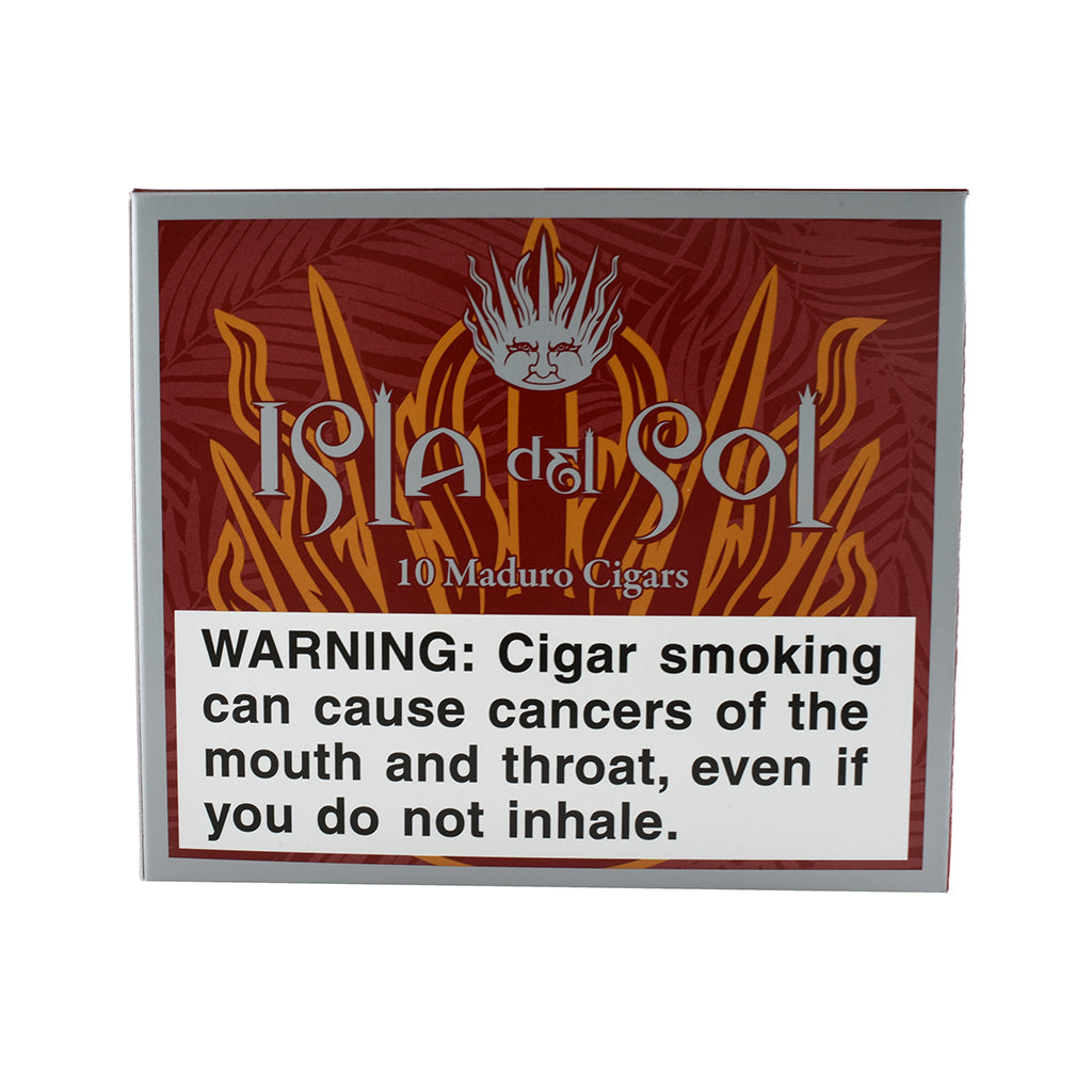 Isla del Sol cigar packaging with warning label on a white background