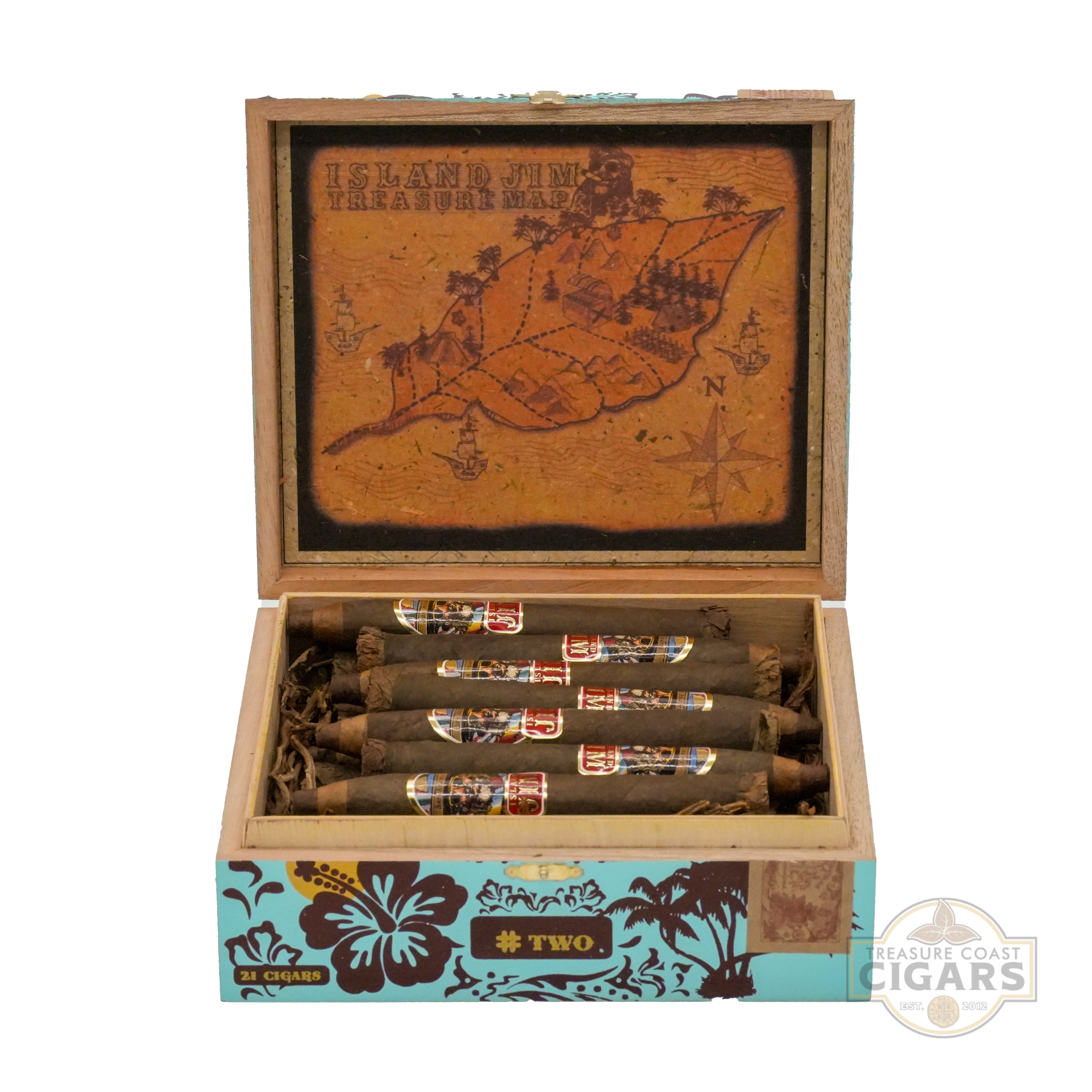 A wood cigar box is open, revealing a detailed interior with a treasure map design on the lid labeled "Island Jim Treasure Map." Inside the box, there are several premium cigars with colorful bands, neatly arranged. The exterior of the box features a turquoise design with hibiscus flowers, palm trees, and the text"#TWO" and "21 Cigars," along with the "Treasure Coast Cigars" logo