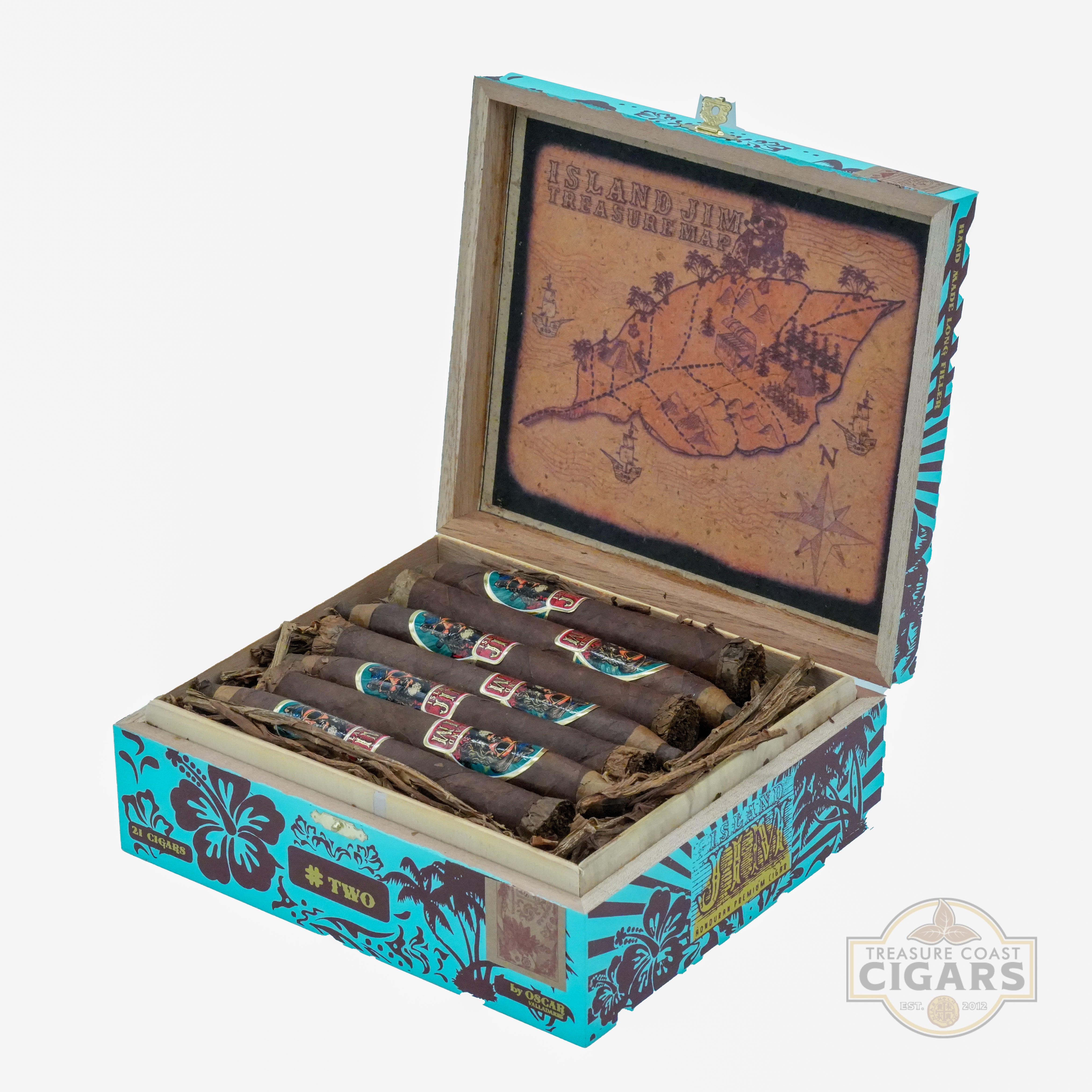 Open cigar box with cigars inside, featuring a decorative design on the lid and sides.