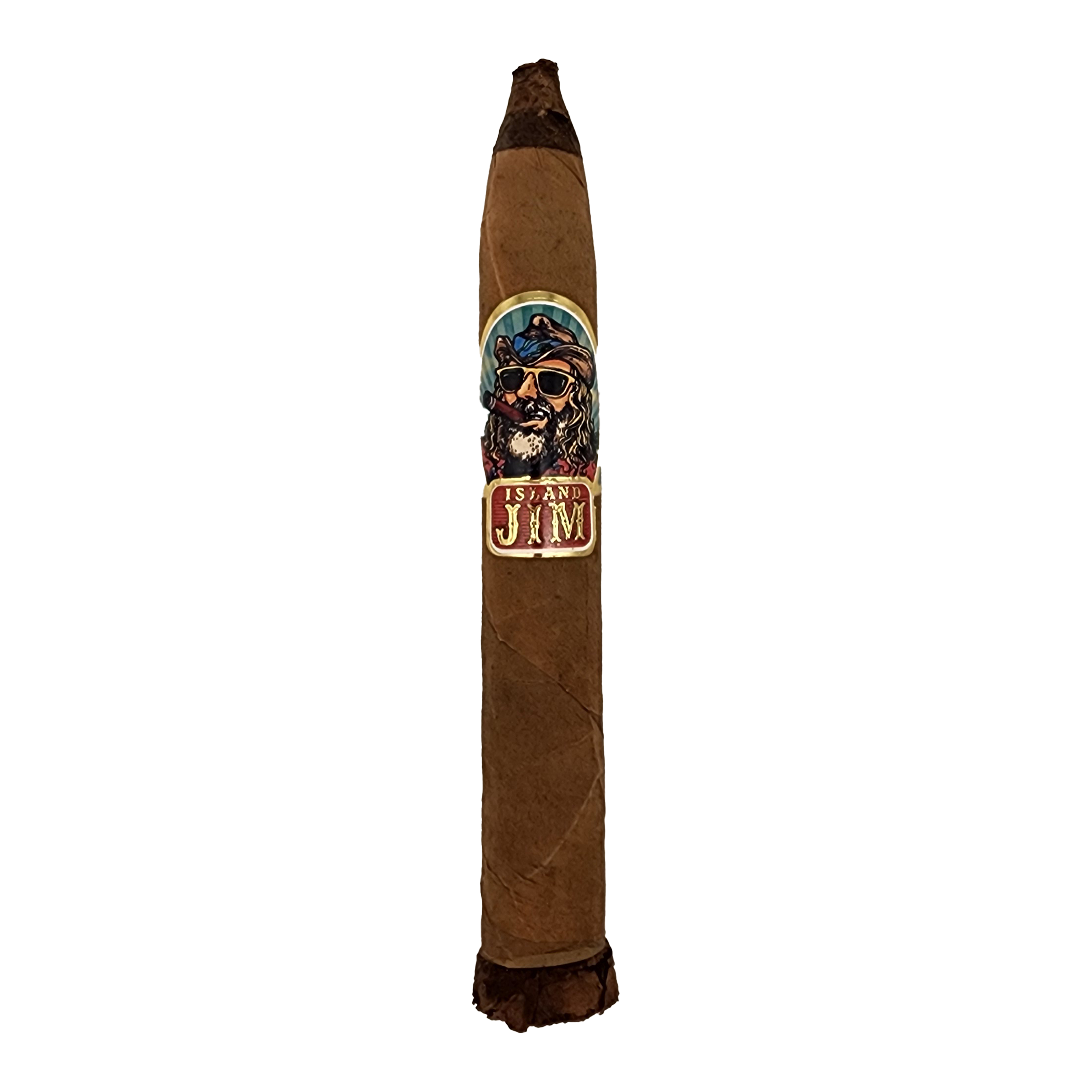 Cigar with a label featuring a face and 'Island Jim' text on a white background