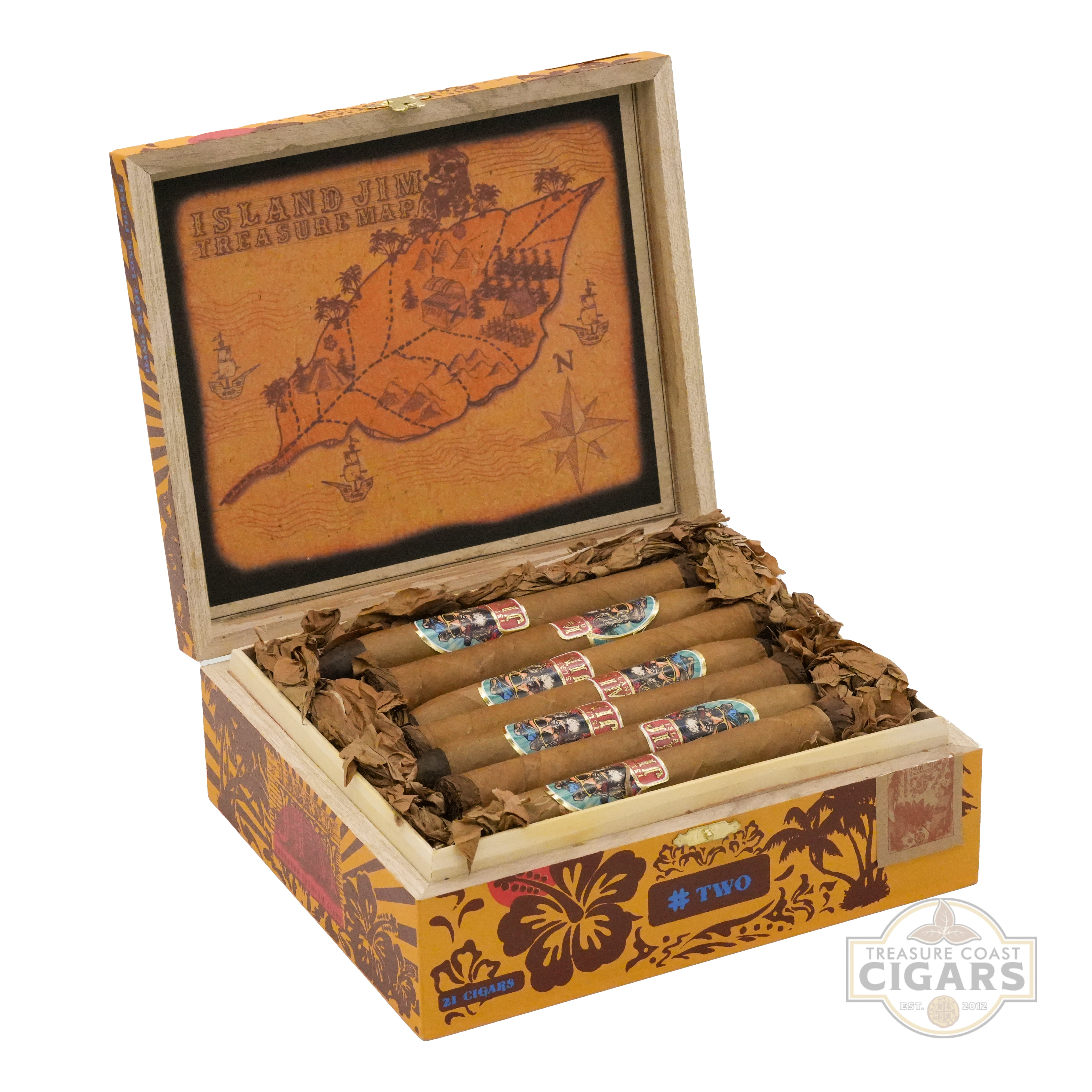 Open wooden cigar box with cigars inside, featuring a map design on the lid.