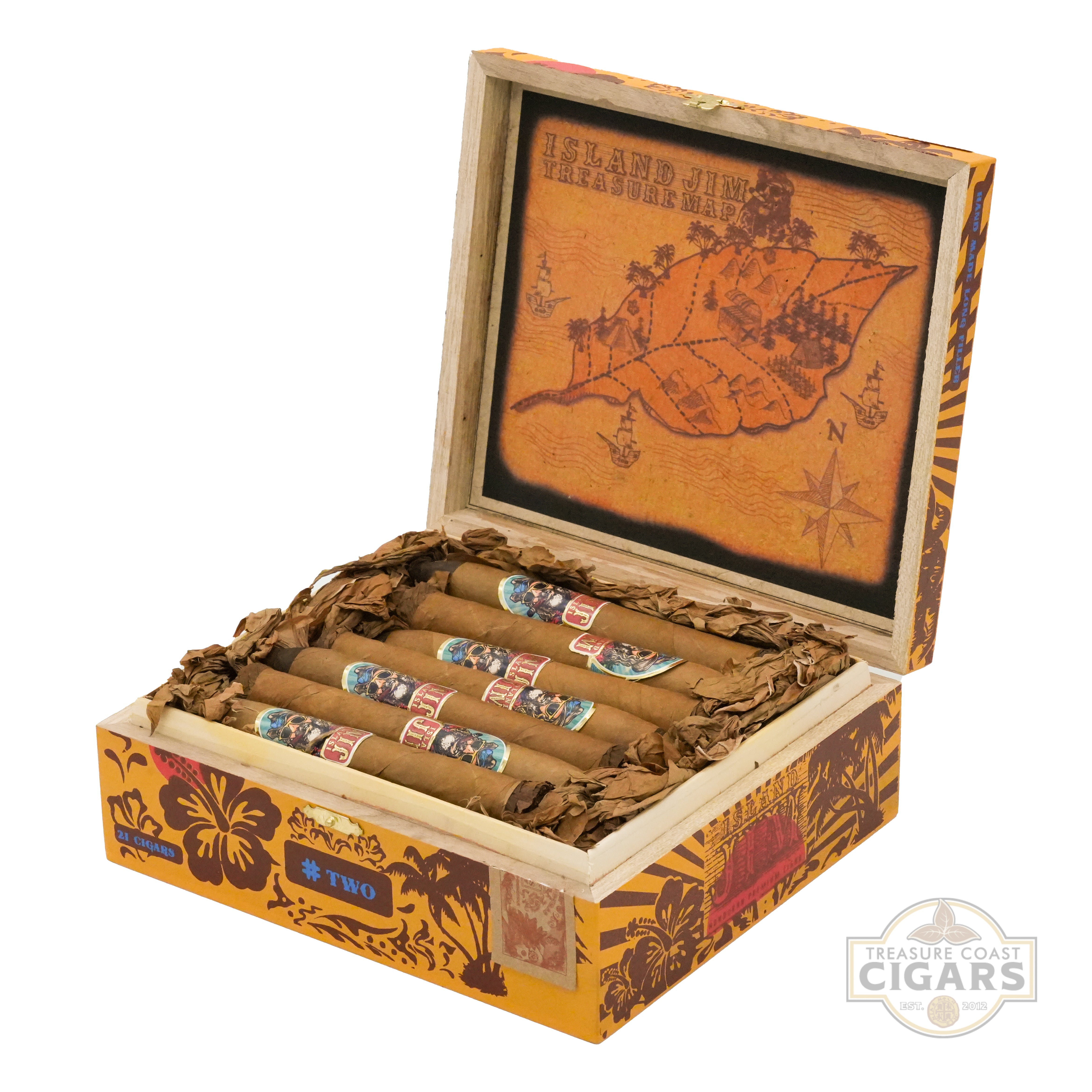 Open wooden cigar box with cigars inside, featuring decorative elements and a visible brand logo.