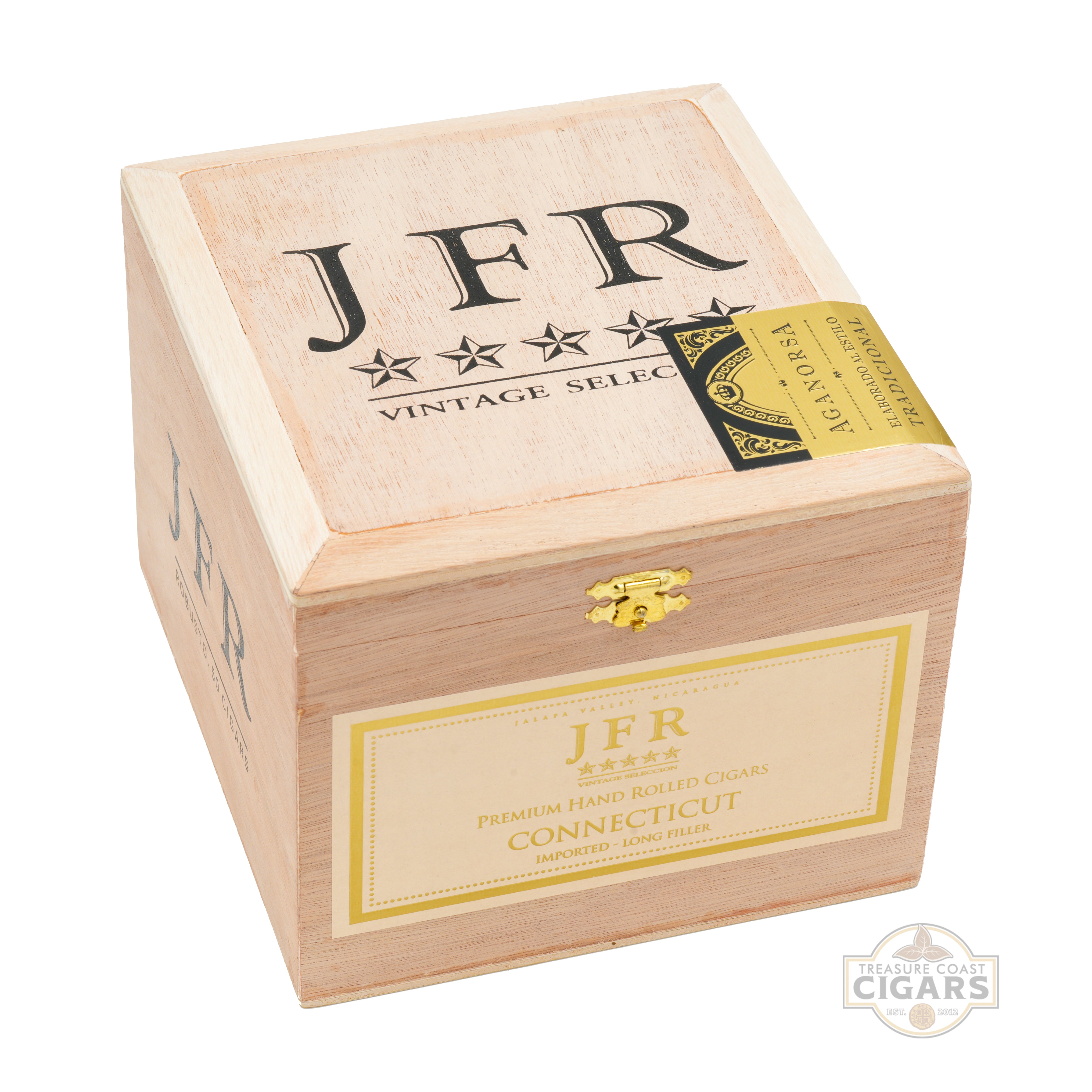 Wooden JFR cigar box with branding on a white background