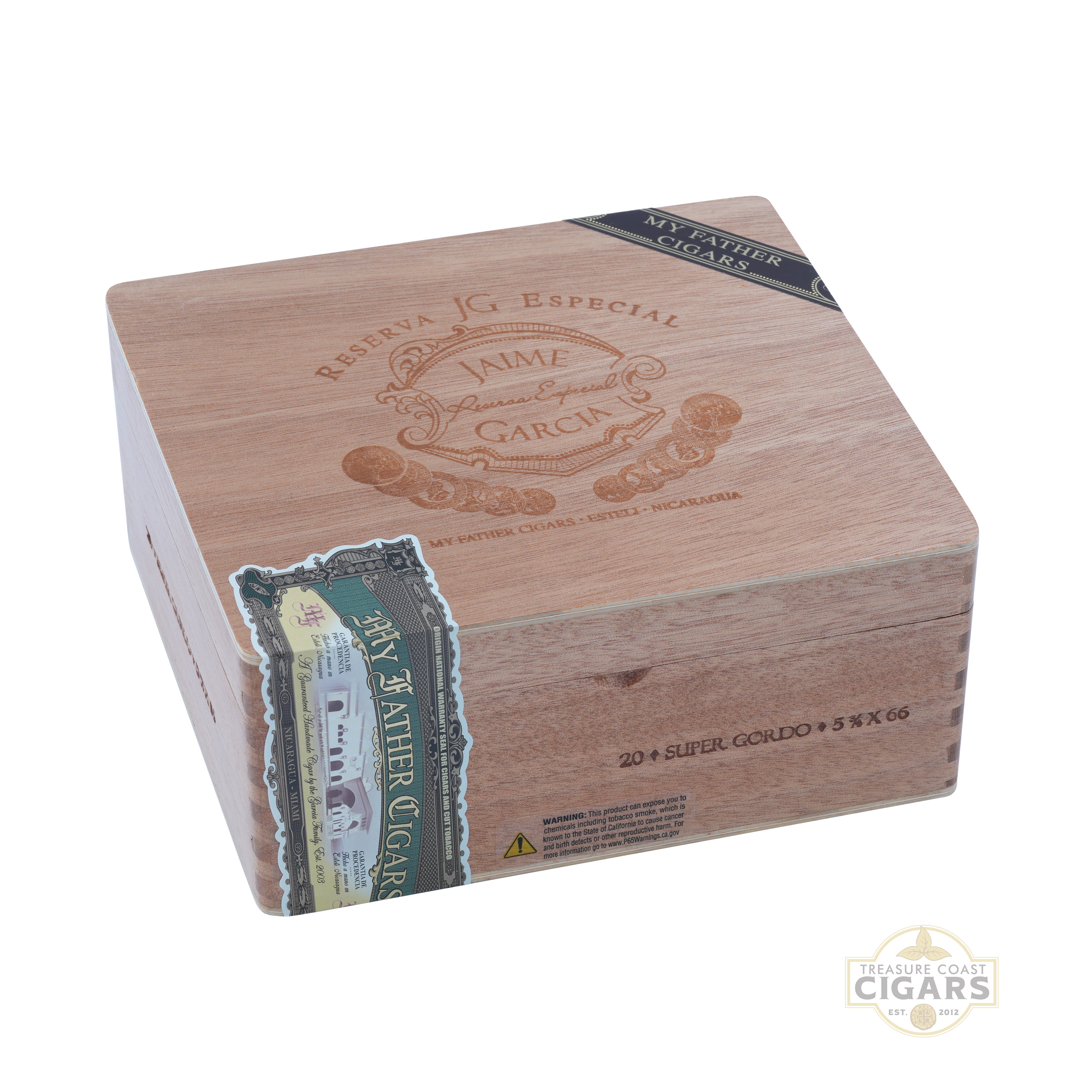 Jaime Garcia Super Gordo wooden cigar box with brand logo and text on a white background
