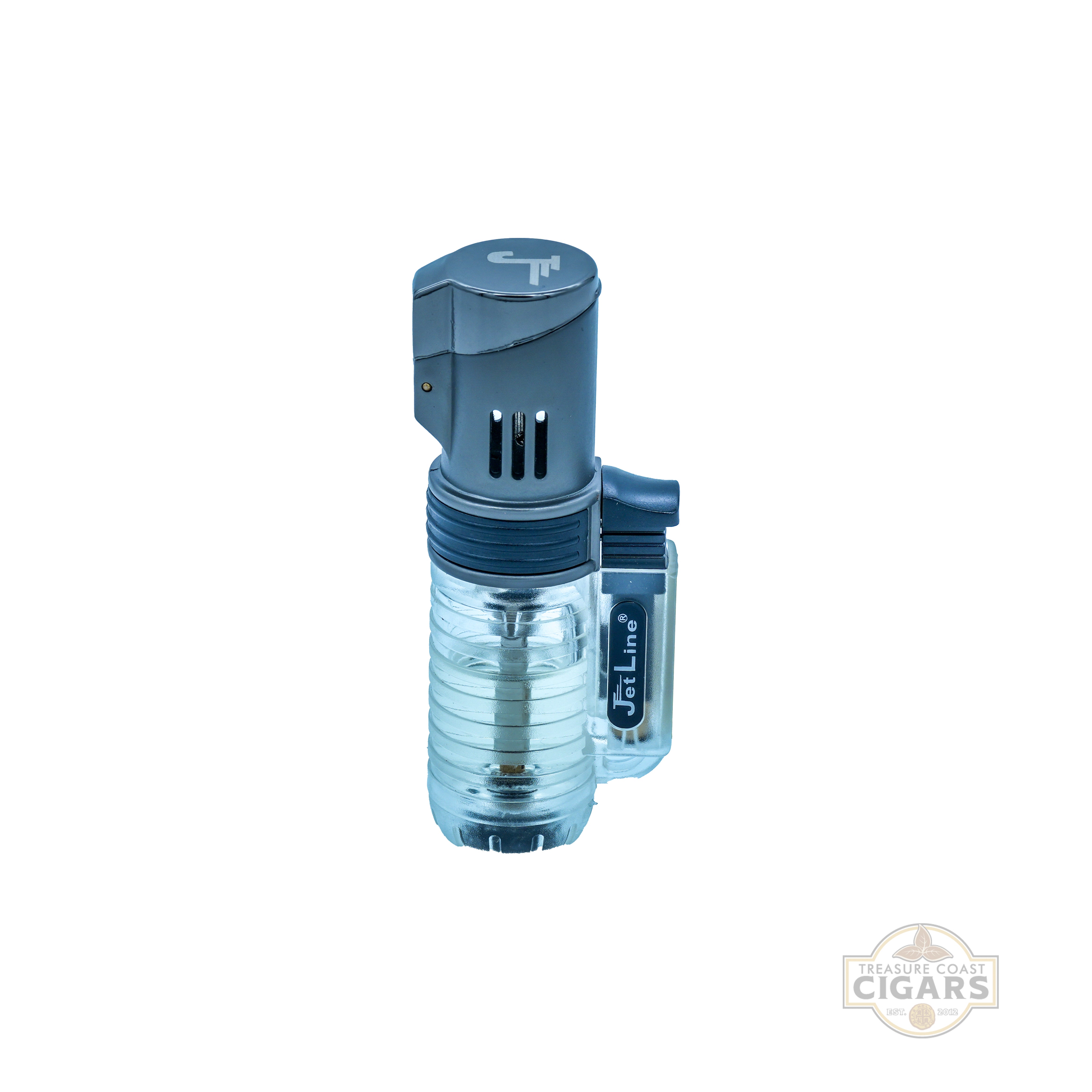 Clear butane lighter on a white background