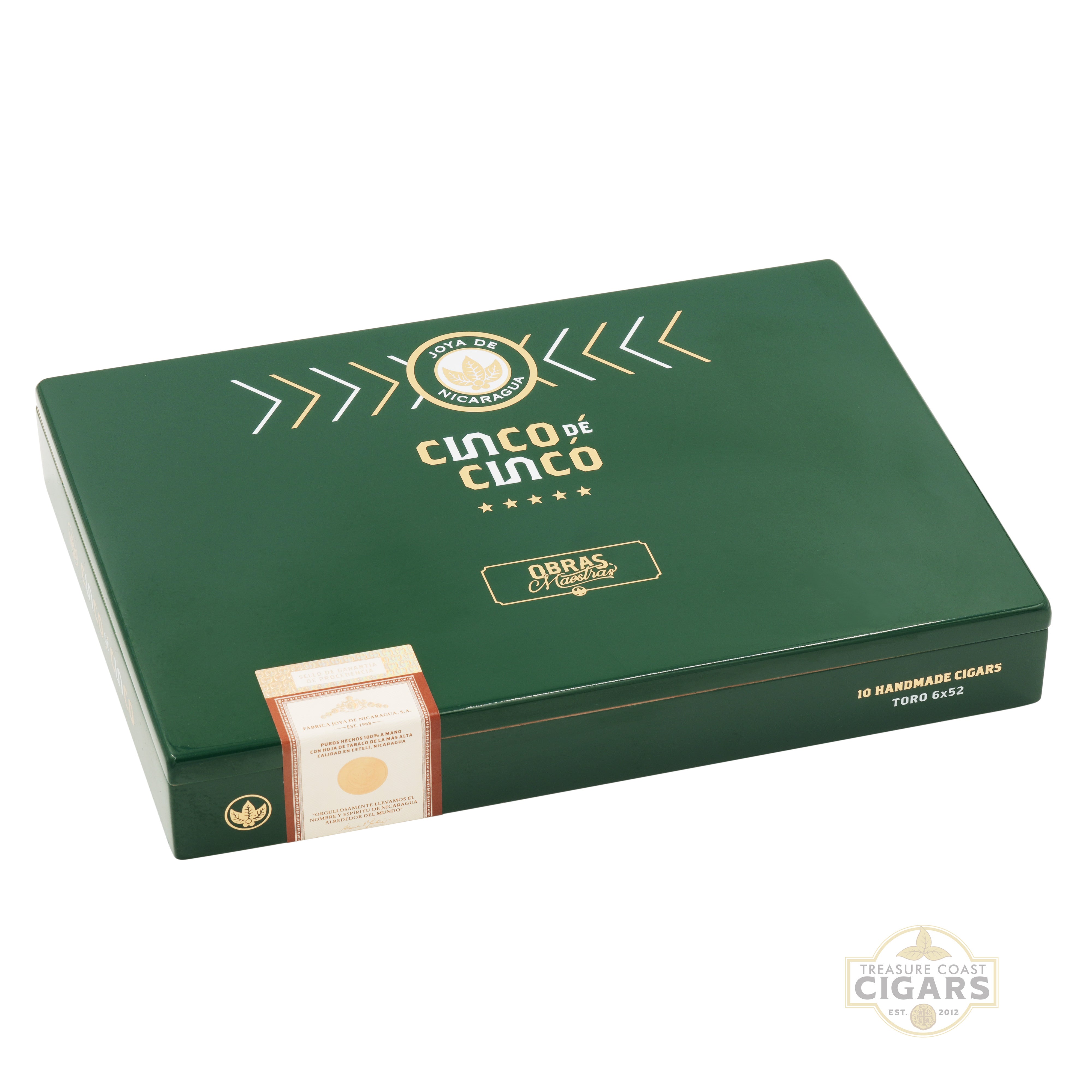 Green box of Cinco de Cinco cigars with branding on a white background
