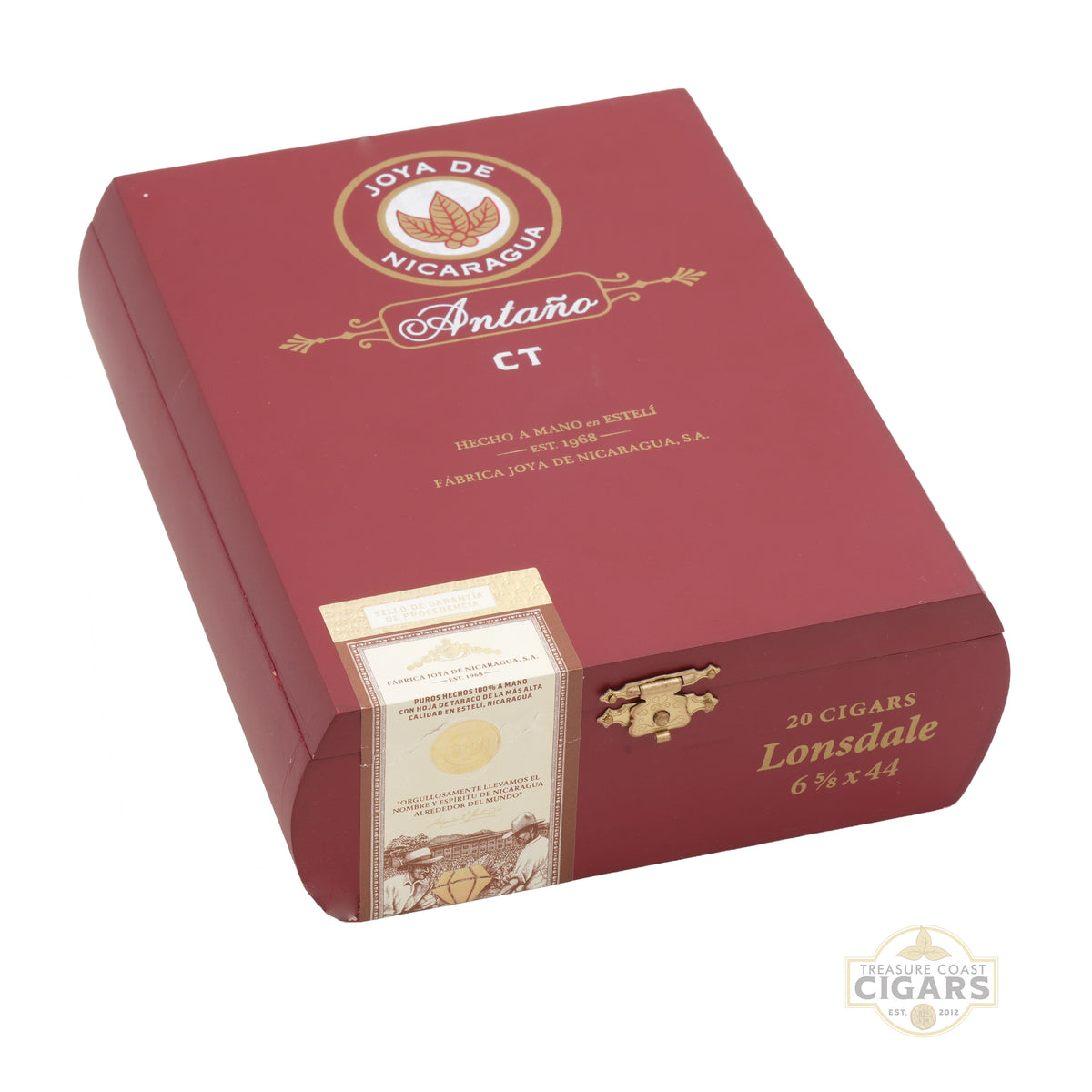 Red cigar box with Joya de Nicaragua logo on a white background