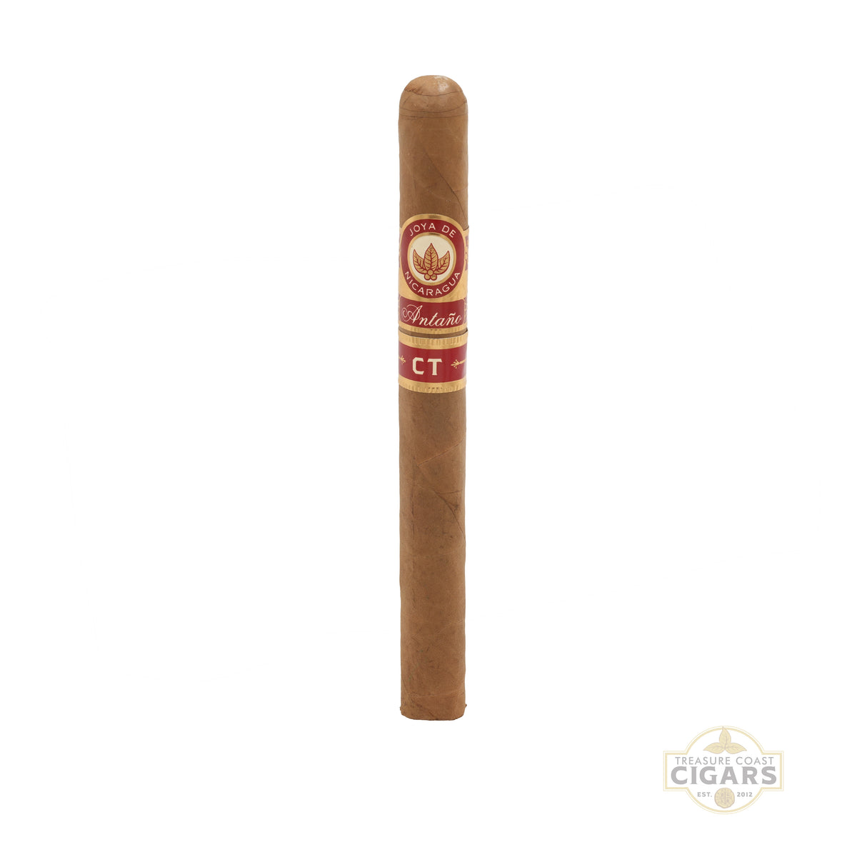 A single brown cigar with a red and gold band reading 'Joya DE Nicaragua' and 'Antano', shown vertically against a plain white background.