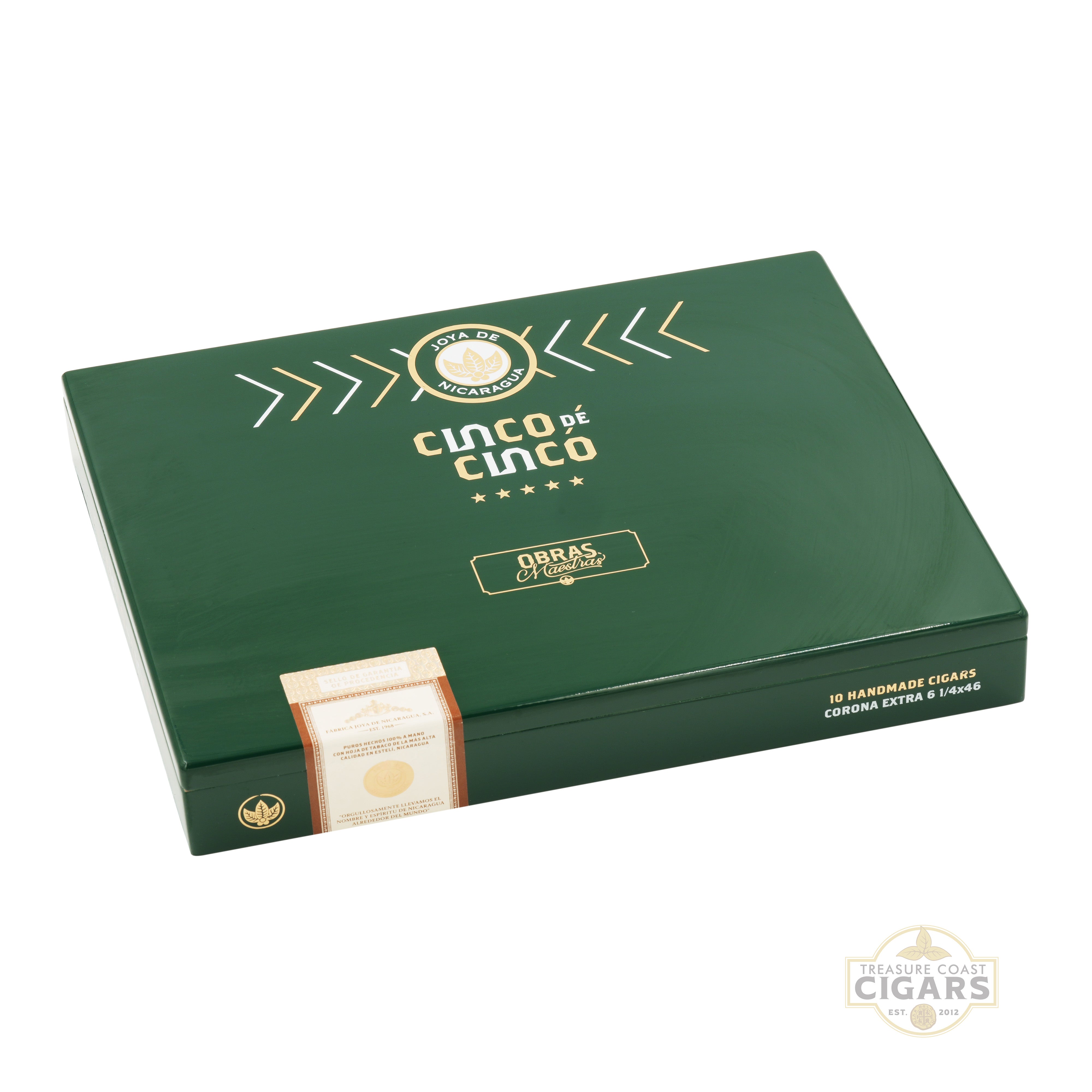 Green box of Cinco de Cinco cigars with branding on a white background
