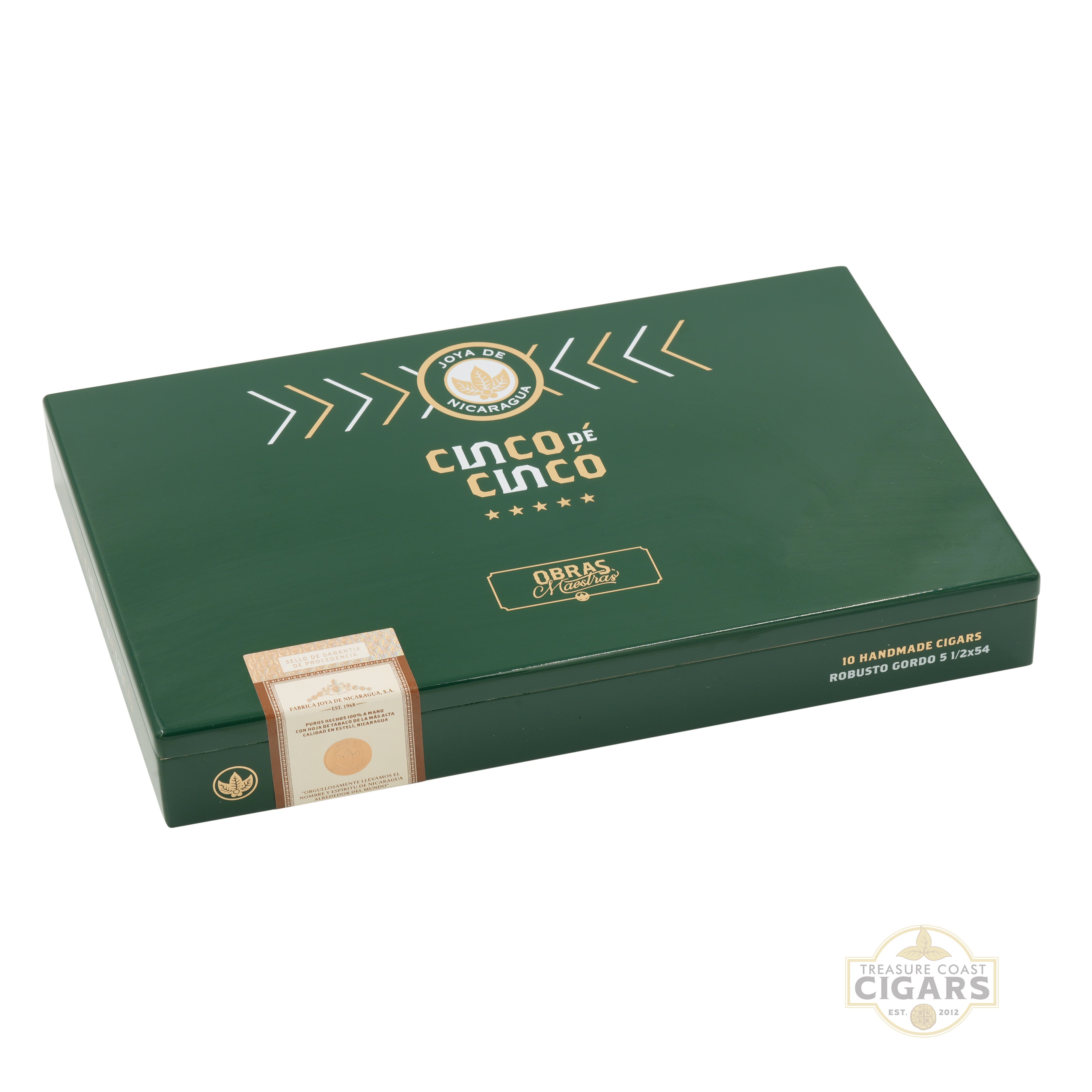 Green box of Cinco de Cinco cigars with branding on a white background