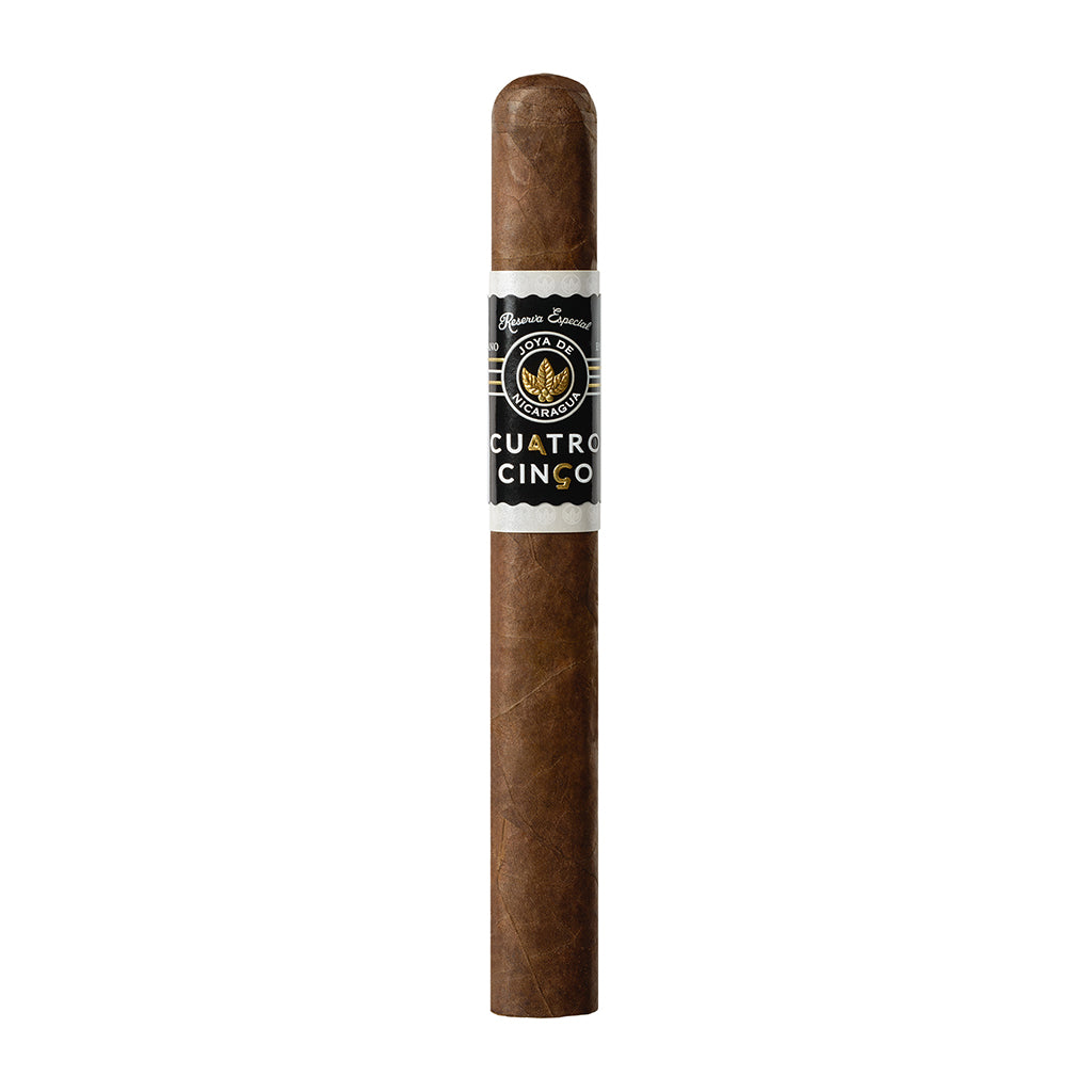 Cigar with 'Cuatro Cinco' label on a white background