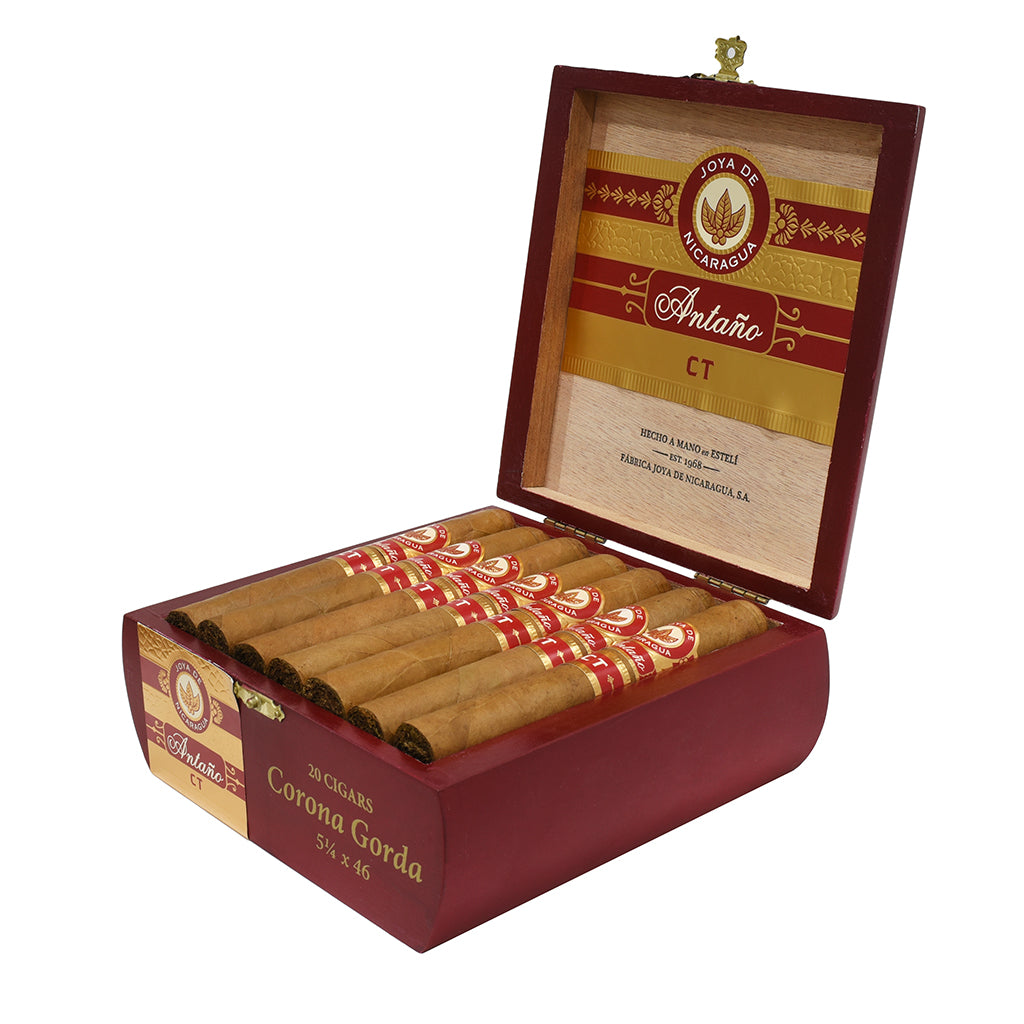 Open red and gold Antano Connecticut cigar box with cigars inside on a white background