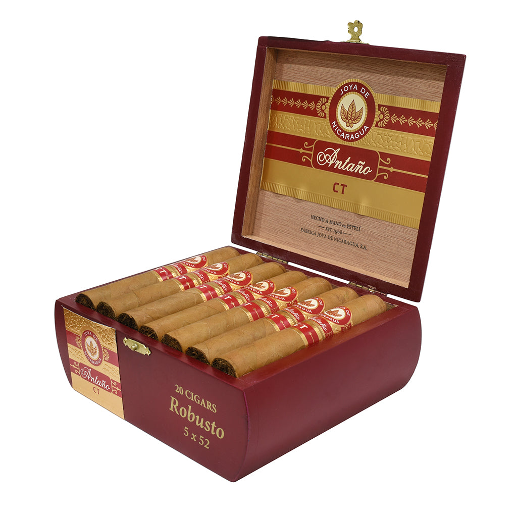 Open box of Antano Connecticut cigars with visible branding on a white background