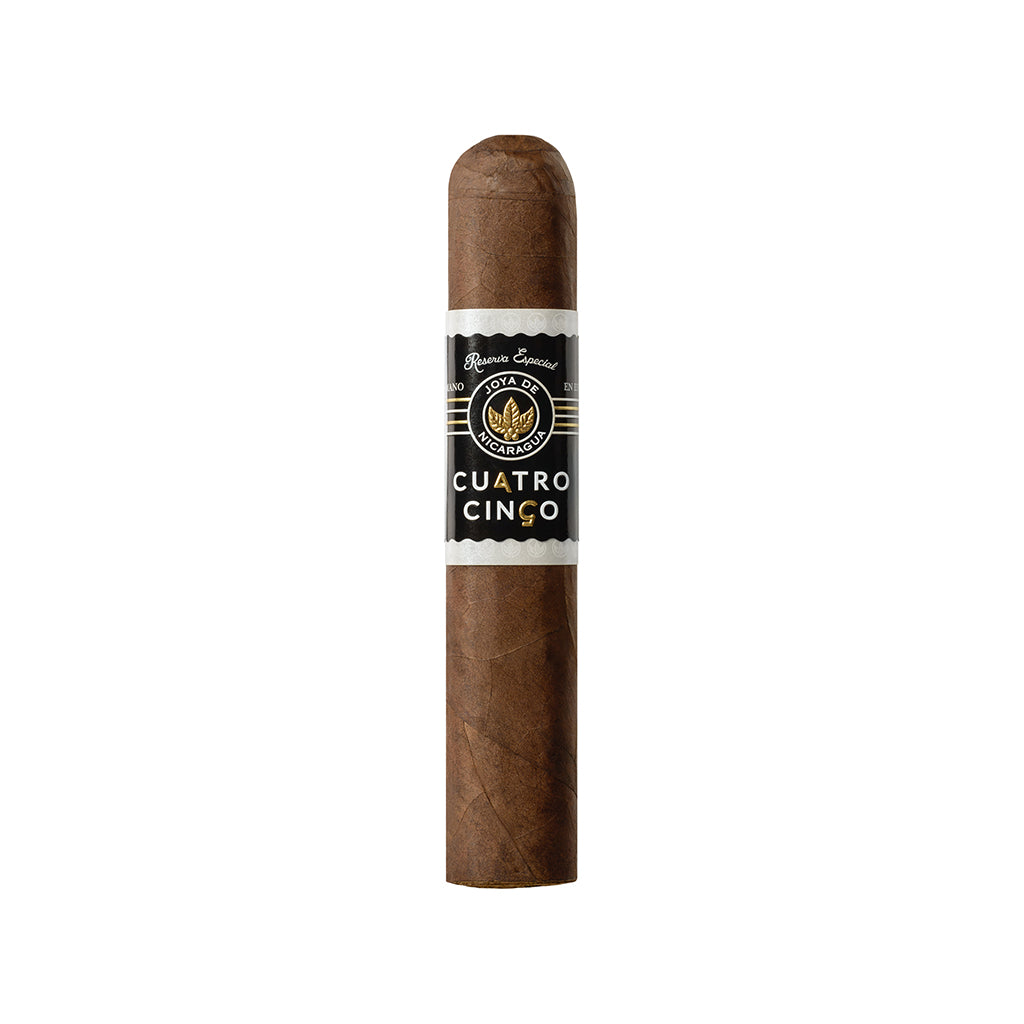 Joya de Nicaragua Cuatro Cinco Doble Robusto Cigar with a label on a white background
