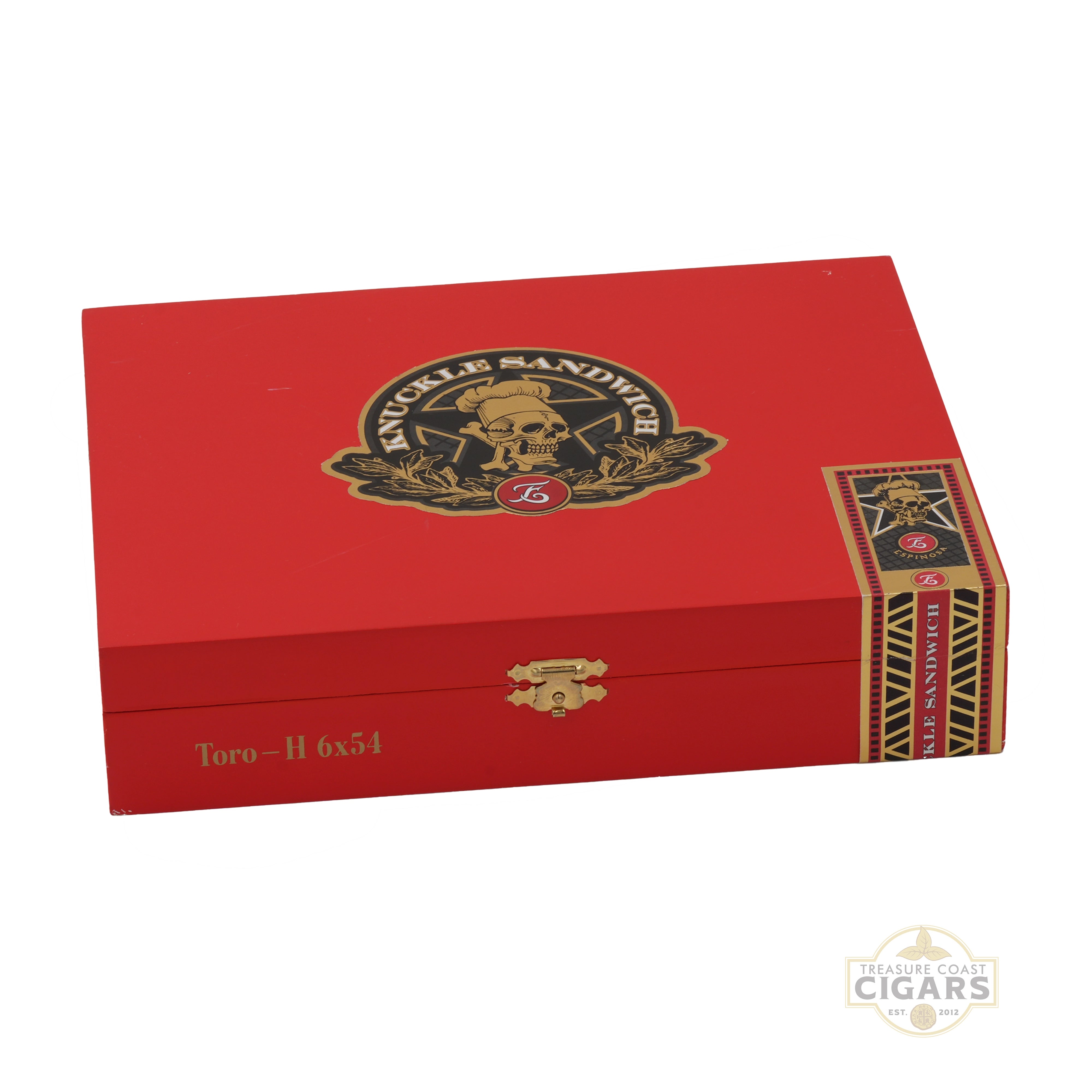 Red cigar box with 'Knuckle Sandwich' logo on a white background