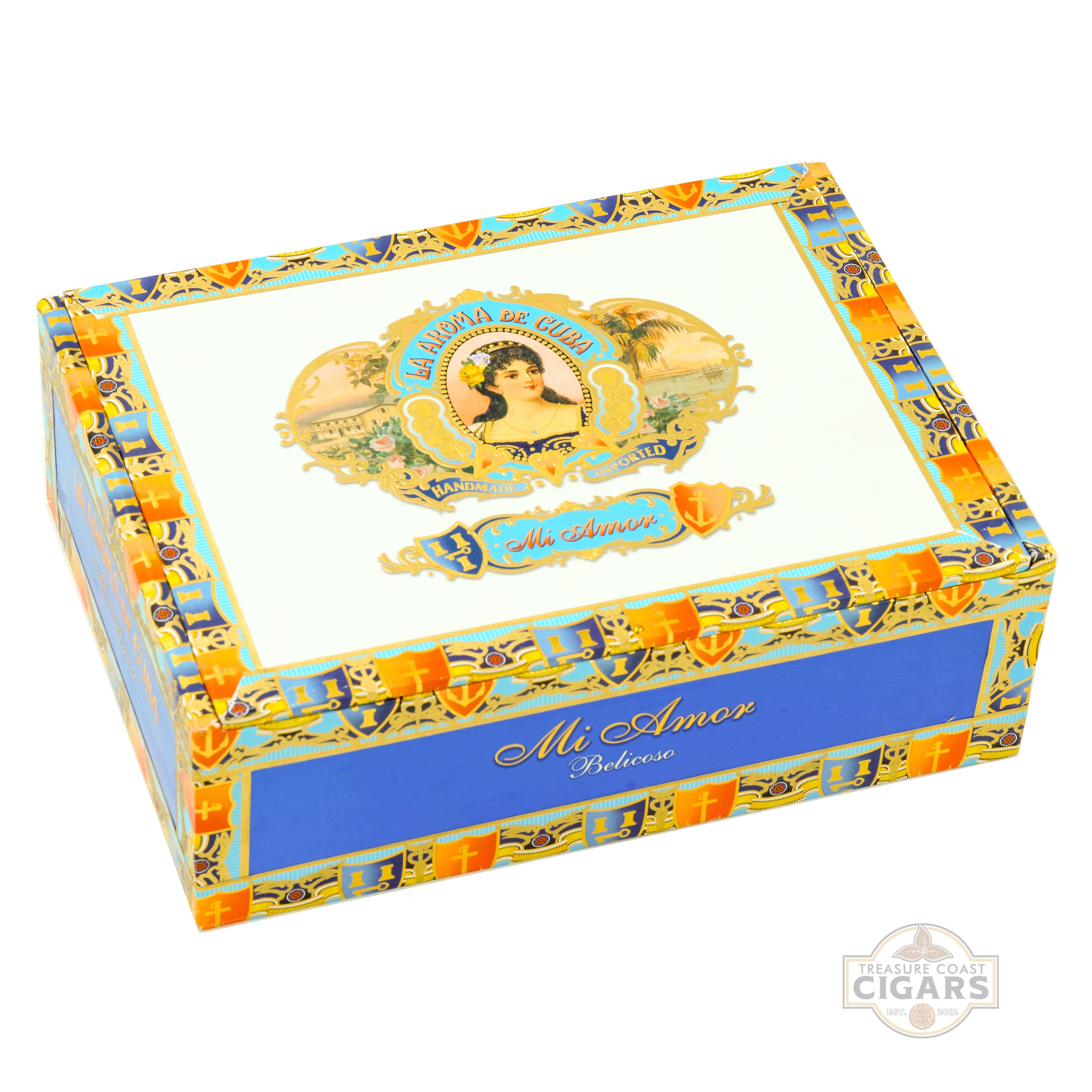 Decorative box of La Aroma de Cuba Mi Amor Belicoso cigars on a white background