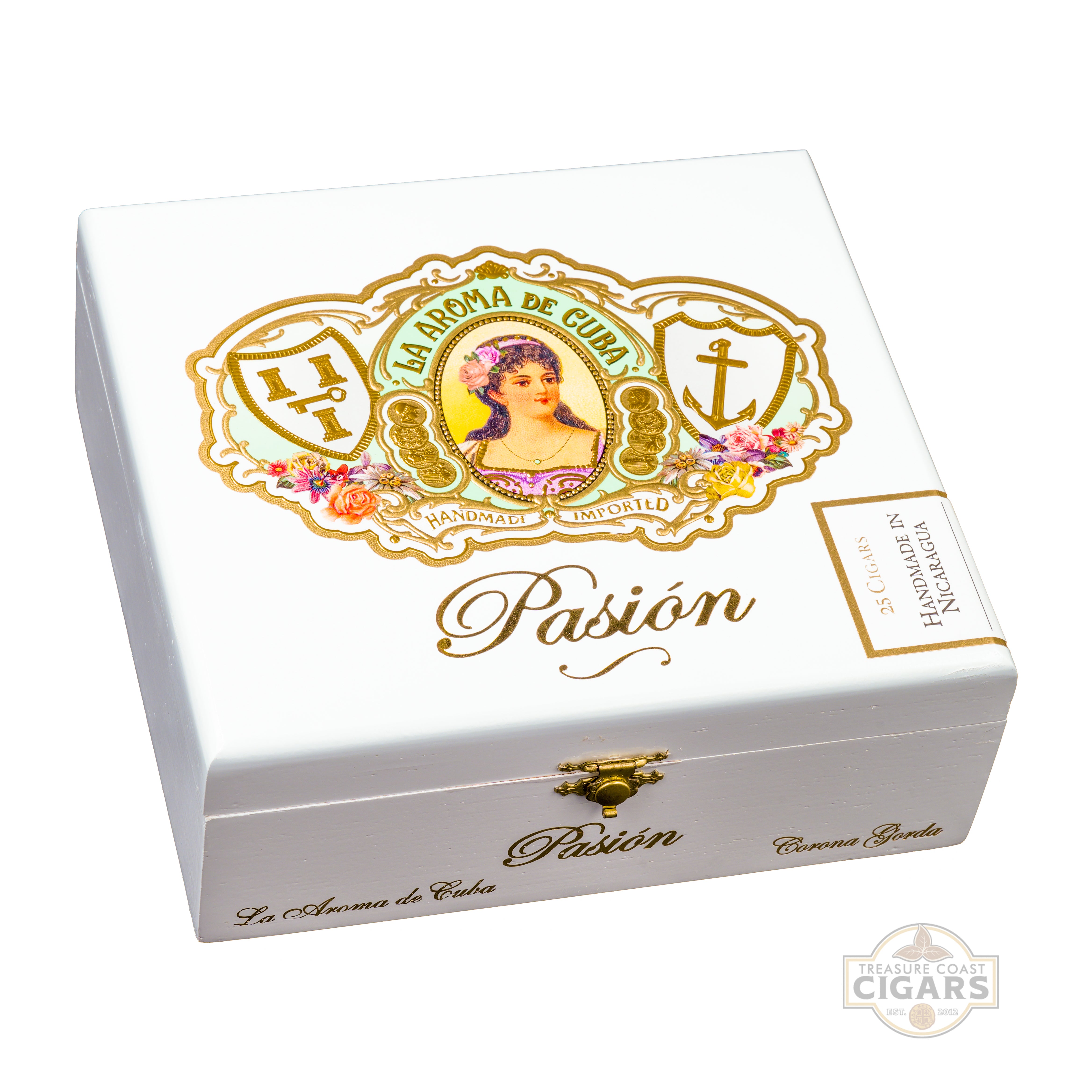 Cigar box with 'La Aroma de Cuba' branding on a white background