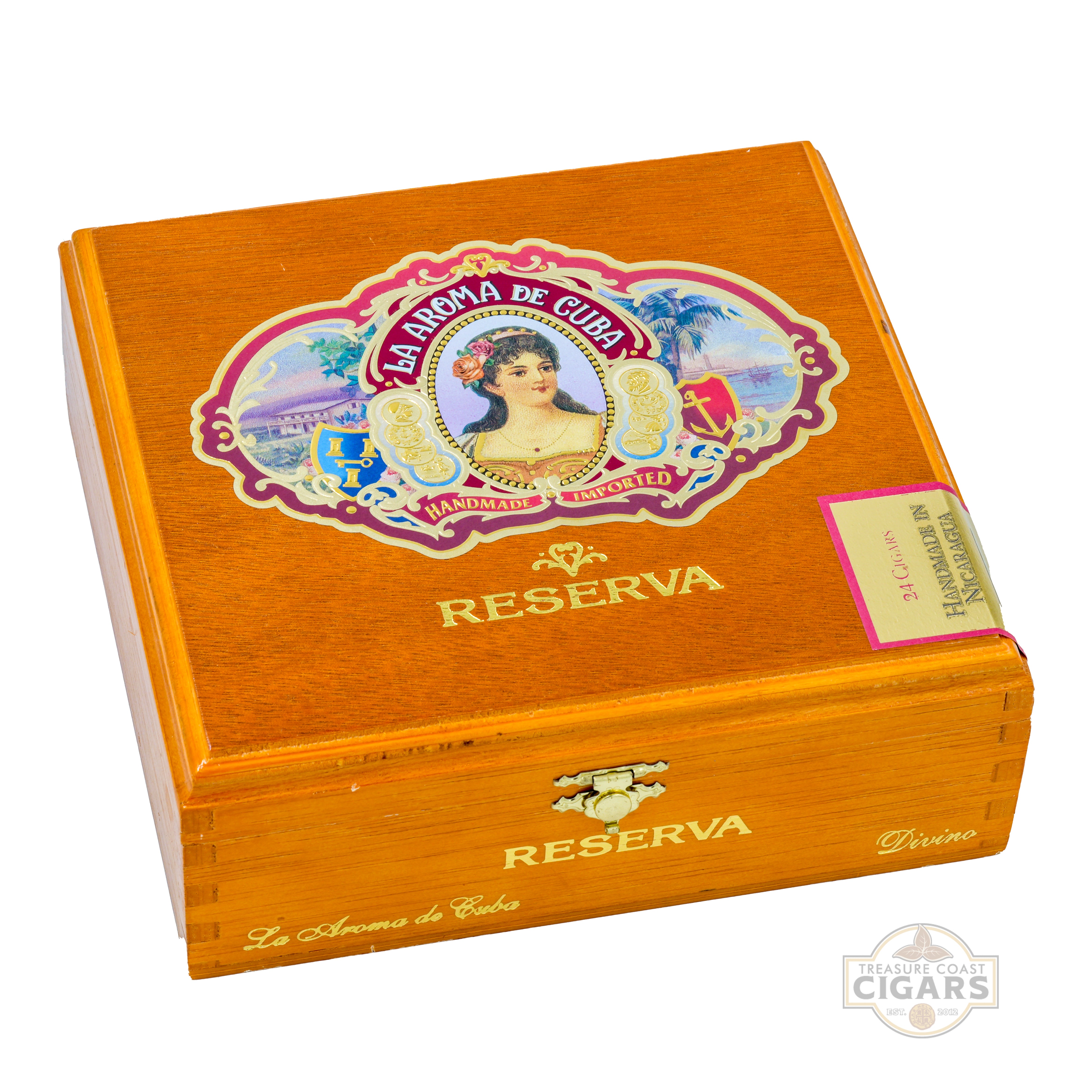 Cigar box with 'La Aroma de Cuba' branding on a white background