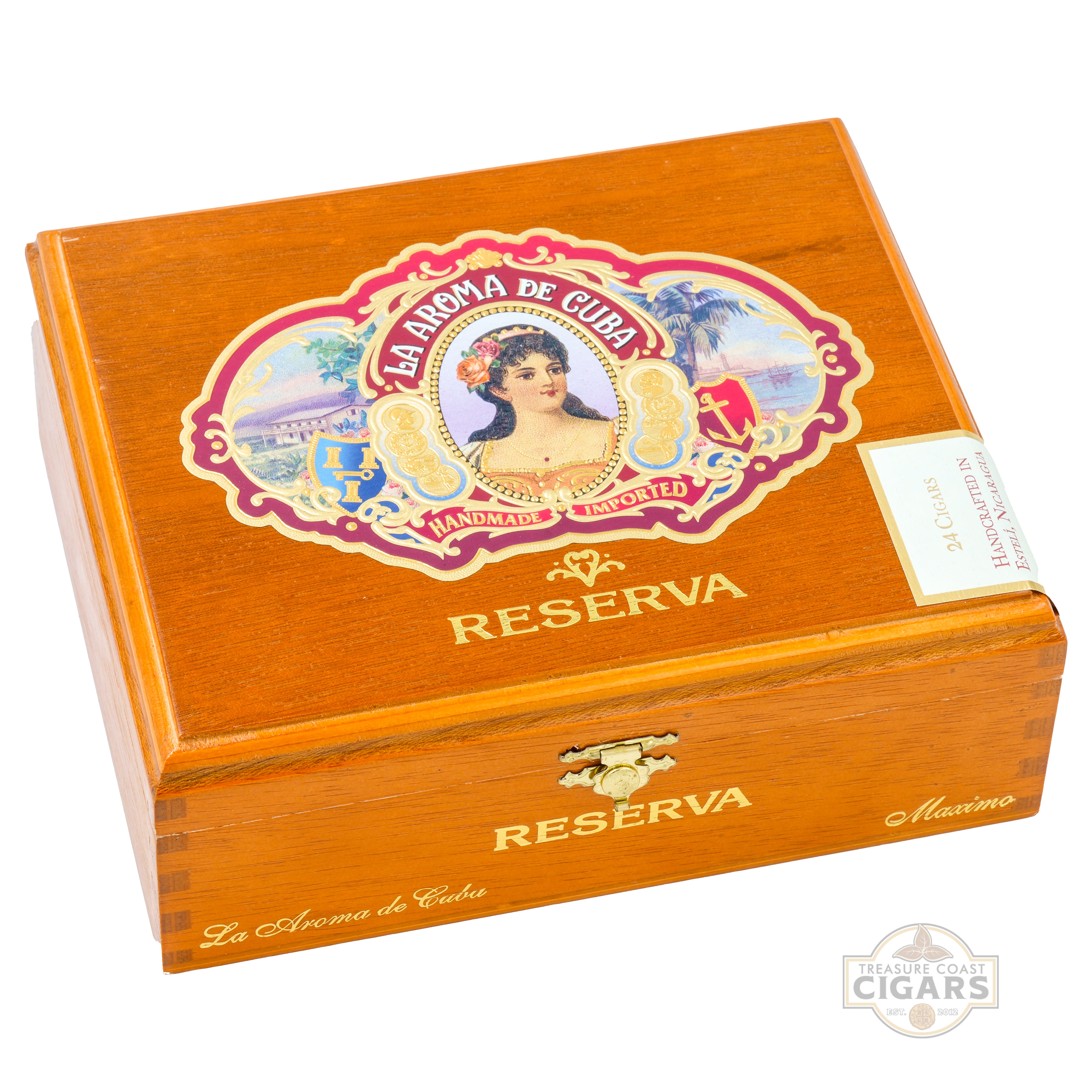 Wooden cigar box with 'La Aroma de Cuba' branding on a white background