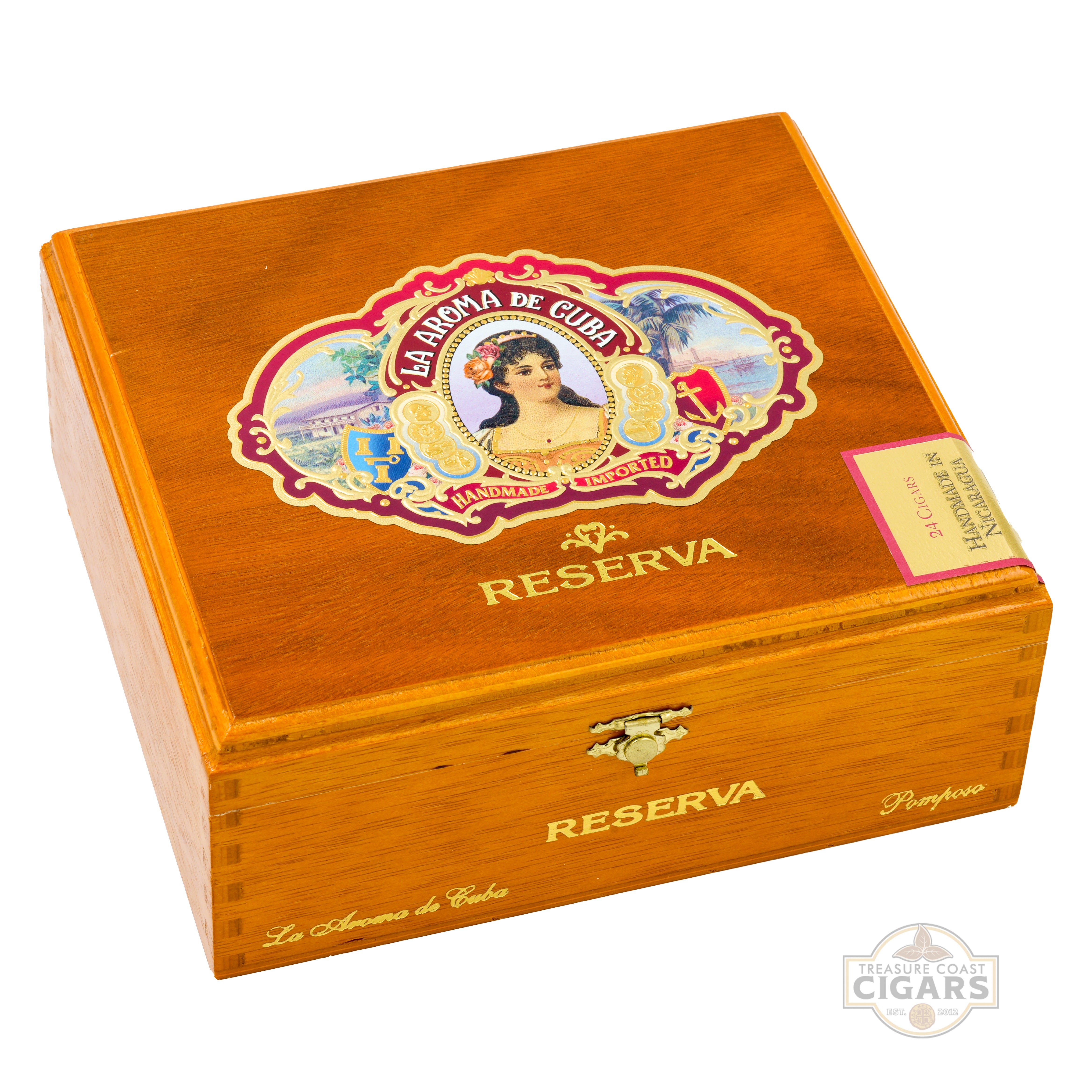 Wooden cigar box with 'La Aroma de Cuba Reserva' branding on a white background