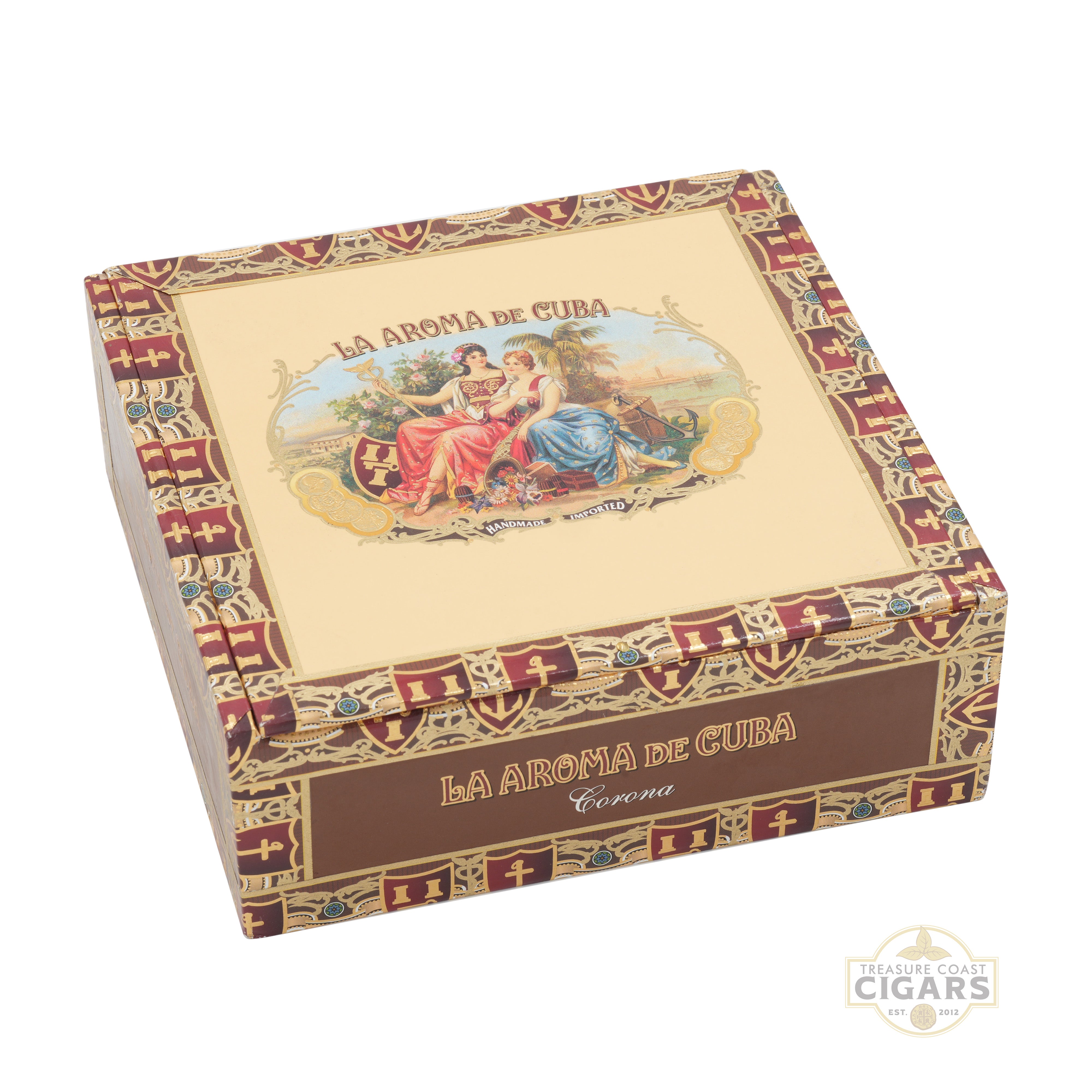 Cigar box with decorative design and 'La Aroma de Cuba' branding on a white background